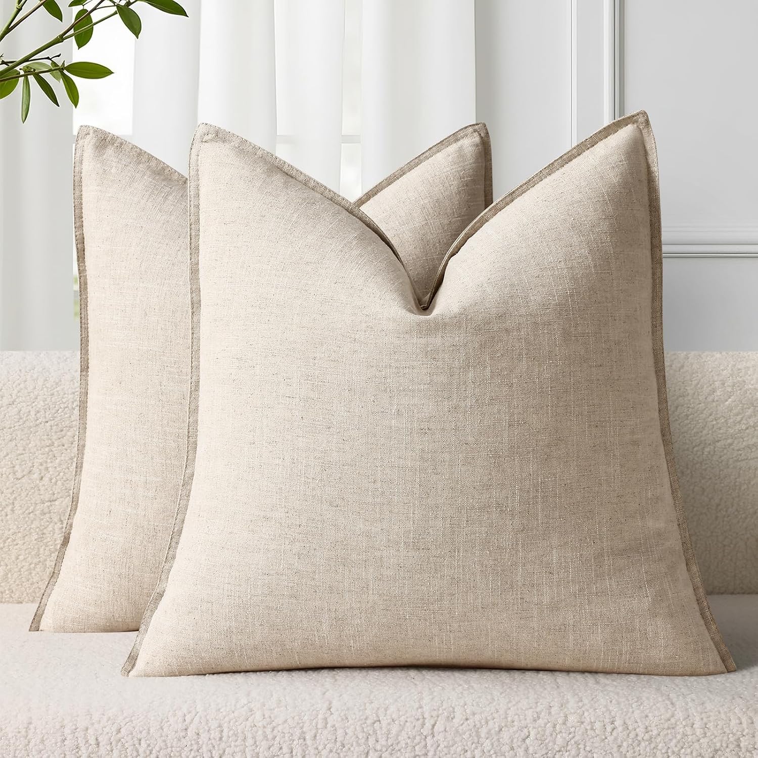 decorUhome Summer Decorative Linen Throw Pillow Covers 18x18 Inch Set of 2 Natural Beige Pillow Covers with Flange Edges Soft Farmhouse Boh…