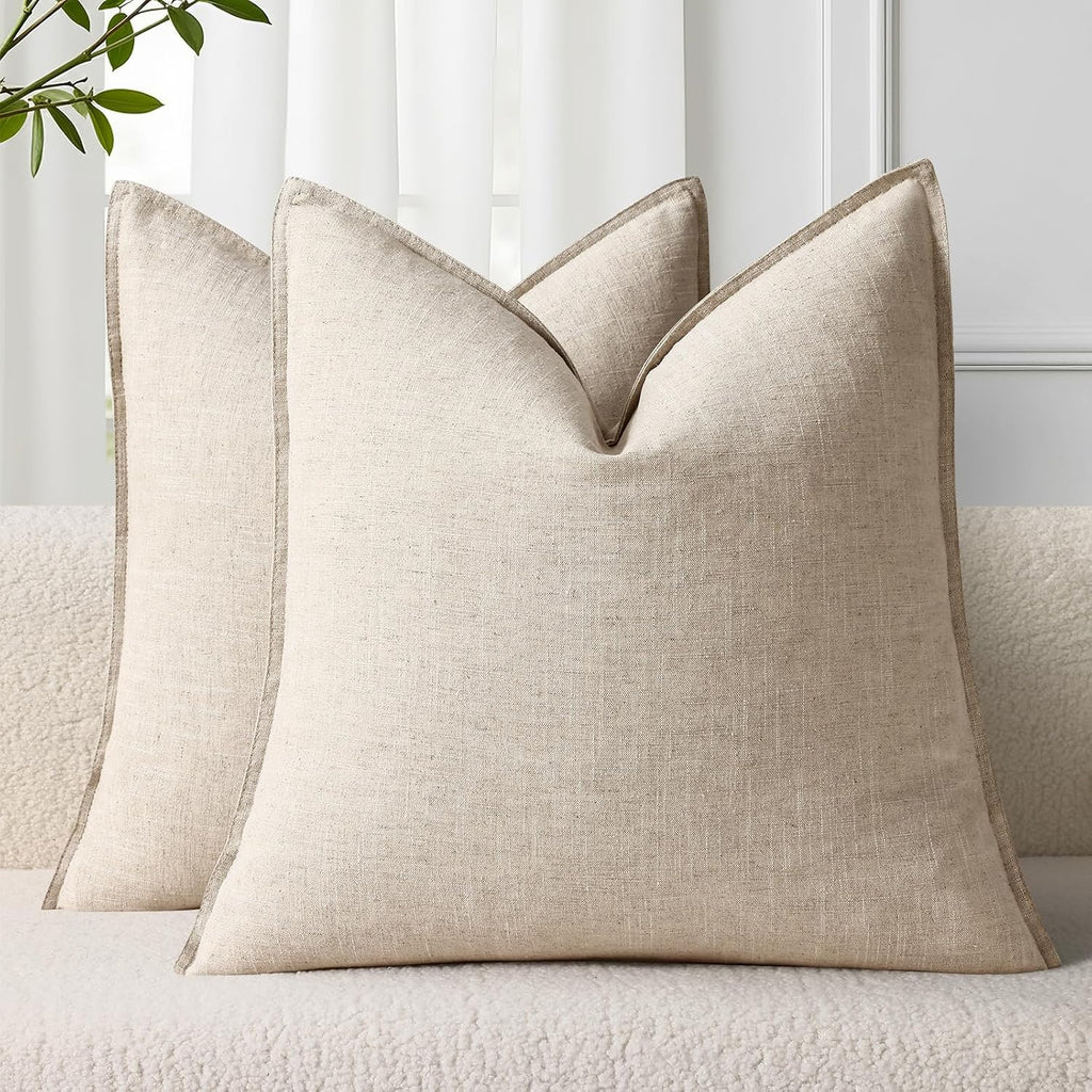 decorUhome Summer Decorative Linen Euro Sham Throw Pillow Covers 22x22 Inch Set of 2 Natural Beige Pillow Covers with Flange Edges Soft Far…