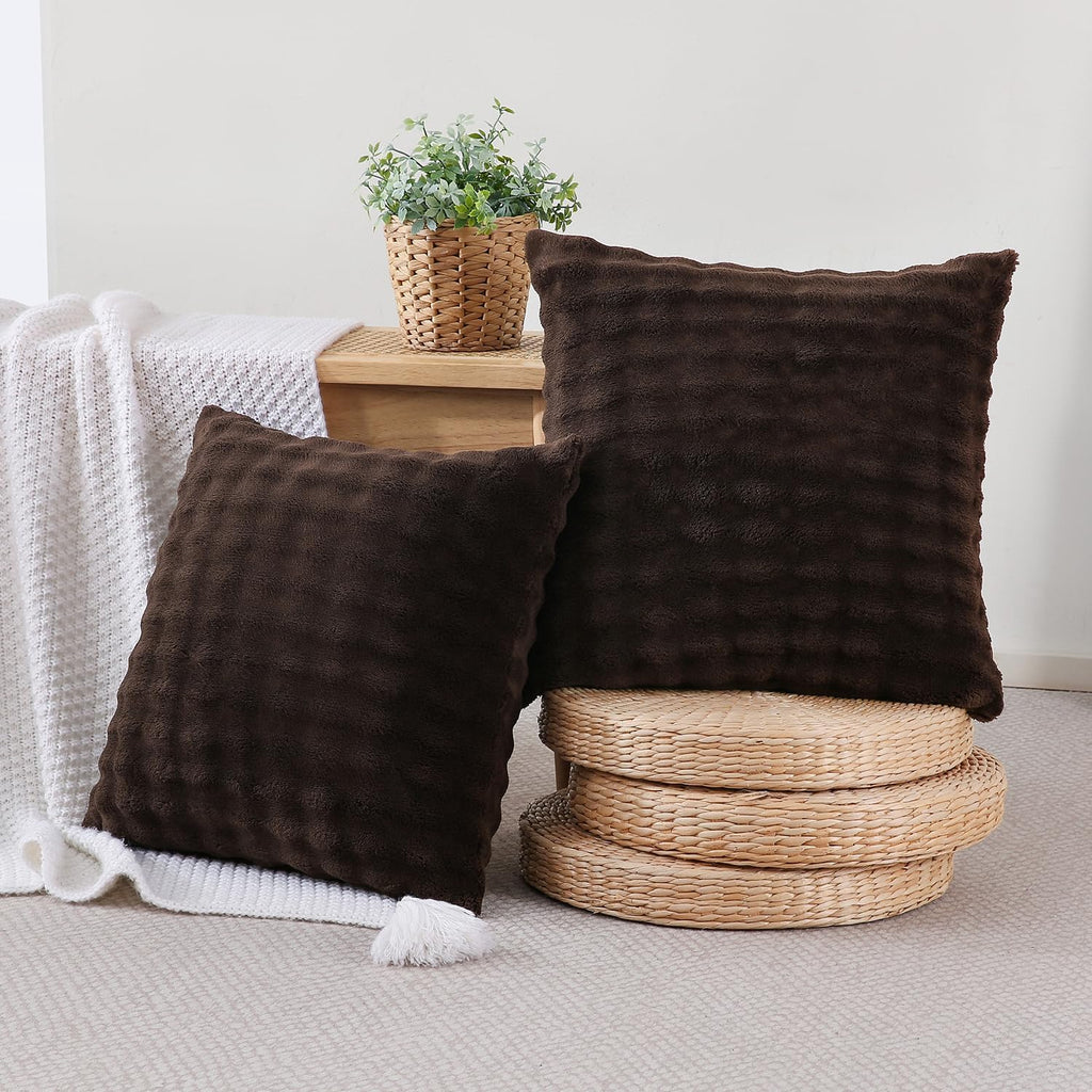 Sochow Decorative Throw Pillow Covers 18x18 Inches Set of 2, Soft Bubble Fleece Pillowcase Square Cushion Covers for Sofa Couch Bed, Brown…