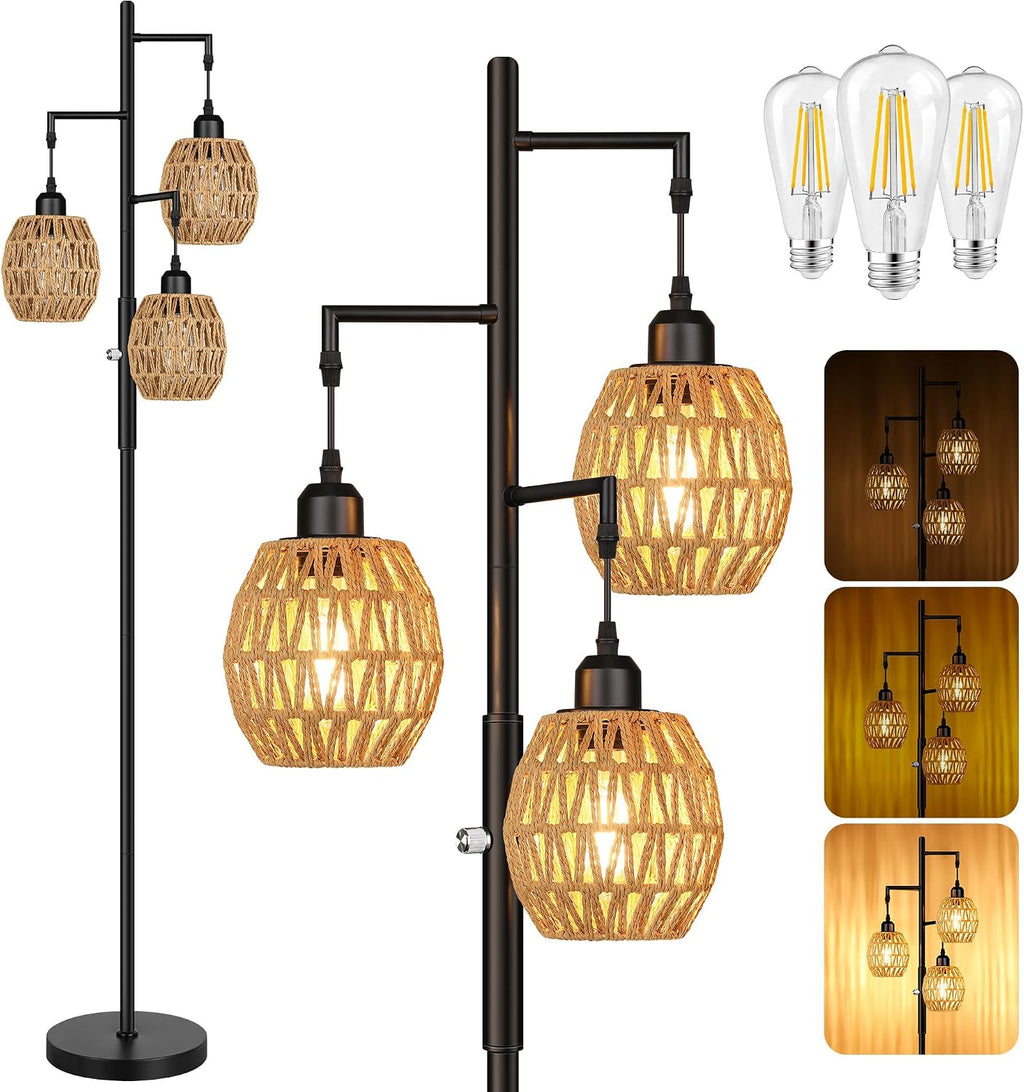 ROTTOGOON Dimmable Boho Floor Lamp - 3 Light Farmhouse Rattan Floor Lamps for Living Room, Tree Floor Lamps with Bohemian lampshades…