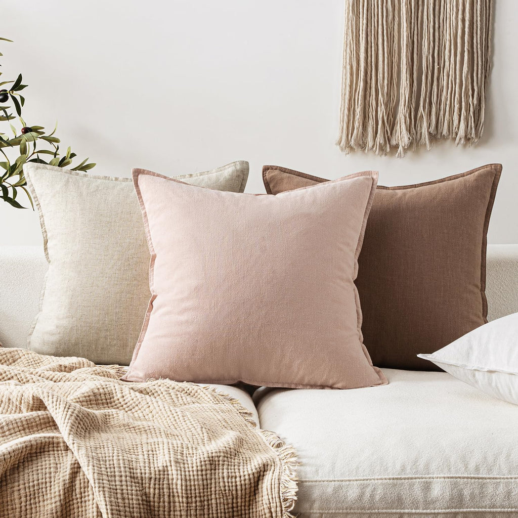 EMEMA Throw Pillow Covers Decorative Linen Pillow Covers 18x18 Inch Pink Boho Farmhouse Neutral Couch Throw Pillows for Bed Pack of 2…