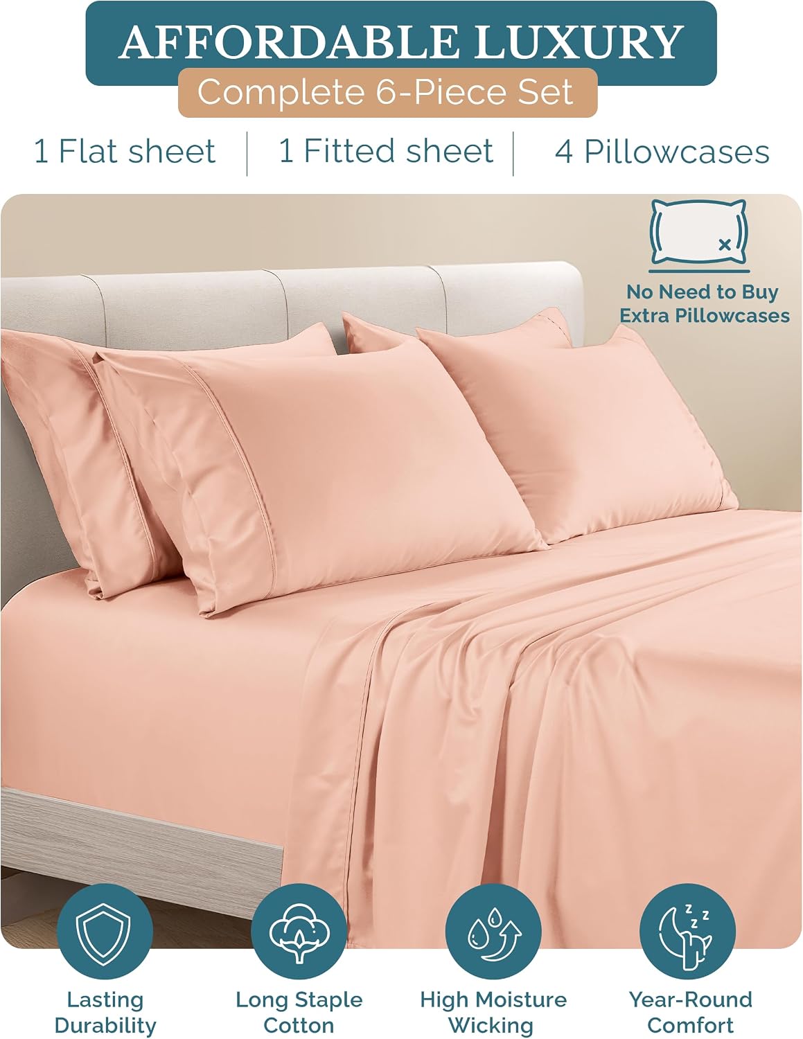 Casa Platino Cotton Queen Sheets Set, 6 Piece Sheets with 500 Thread Count 100% Cotton Sheet Set, Sateen Finish for a Smooth Feel, 15…