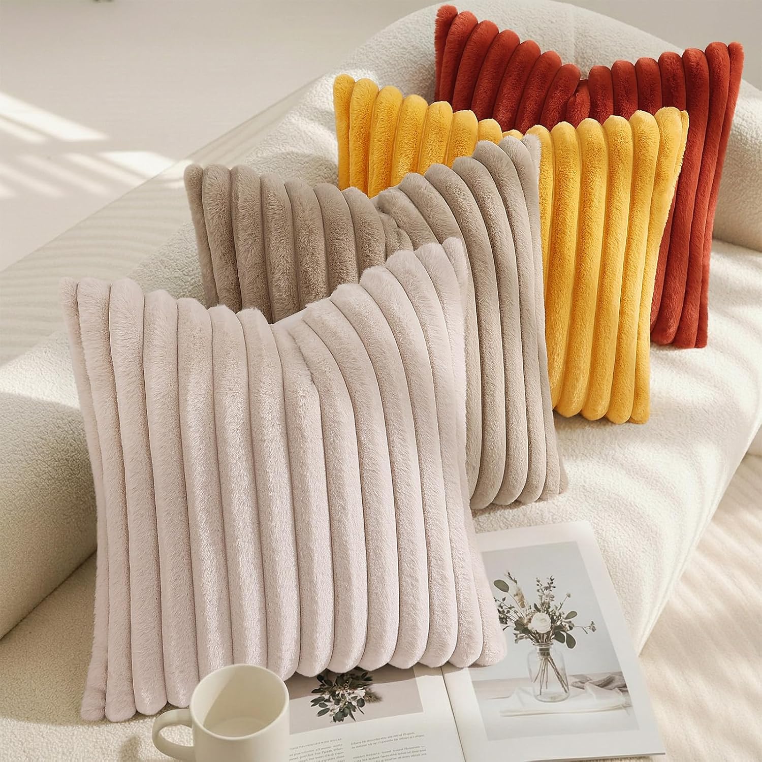 decorUhome Summer Cozy Faux Fur Throw Pillow Covers 24x24 Set of 2 Decorative Soft Plush Striped Modern Farmhouse Boho Couch Euro Sham Pill…