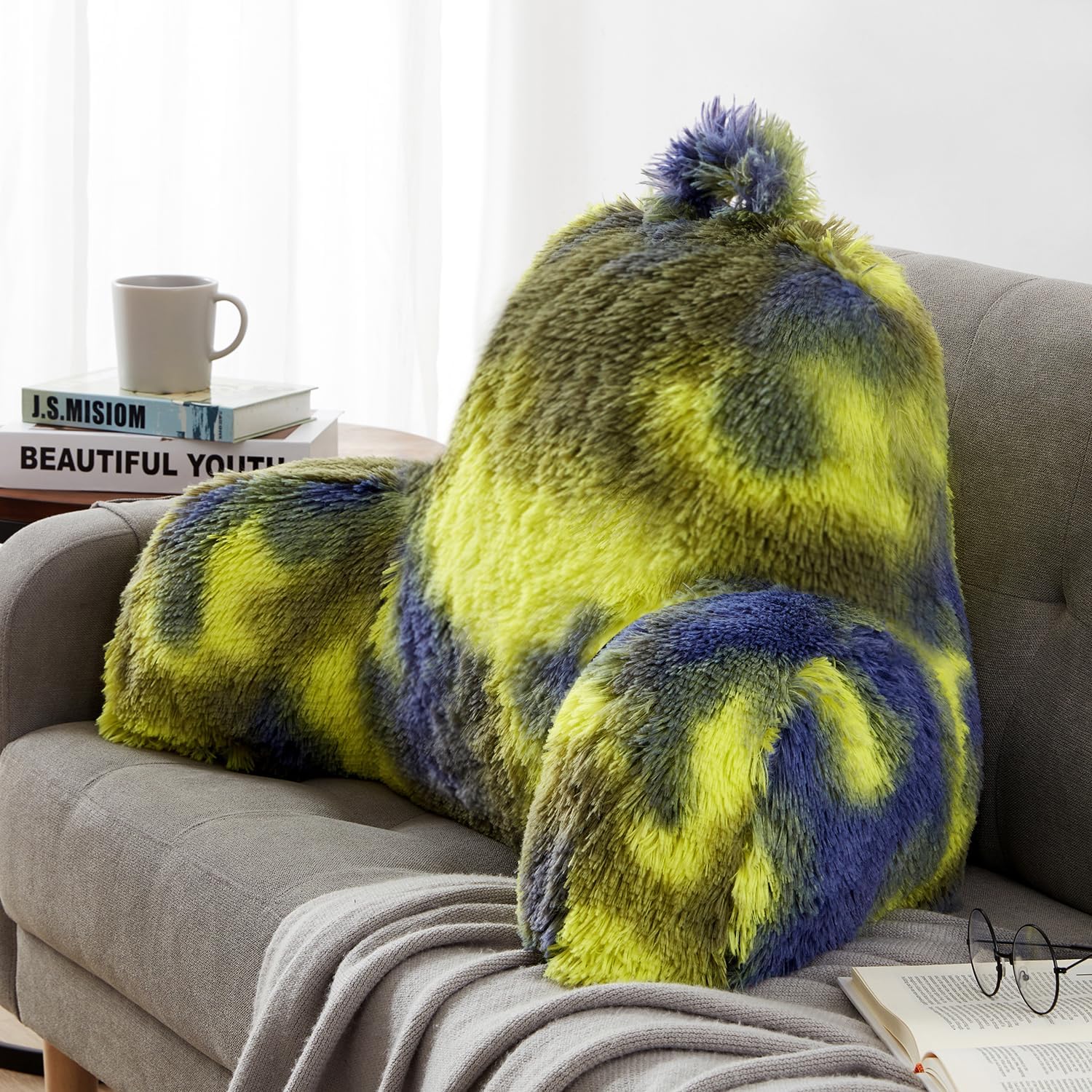 Bedriping Reading Pillow for Bed Adult - Faux Fur Backrest Pillow with Arms, Ergonomic Back Rest Pillow for Sitting Up in Bed, Fluffy Sit U…