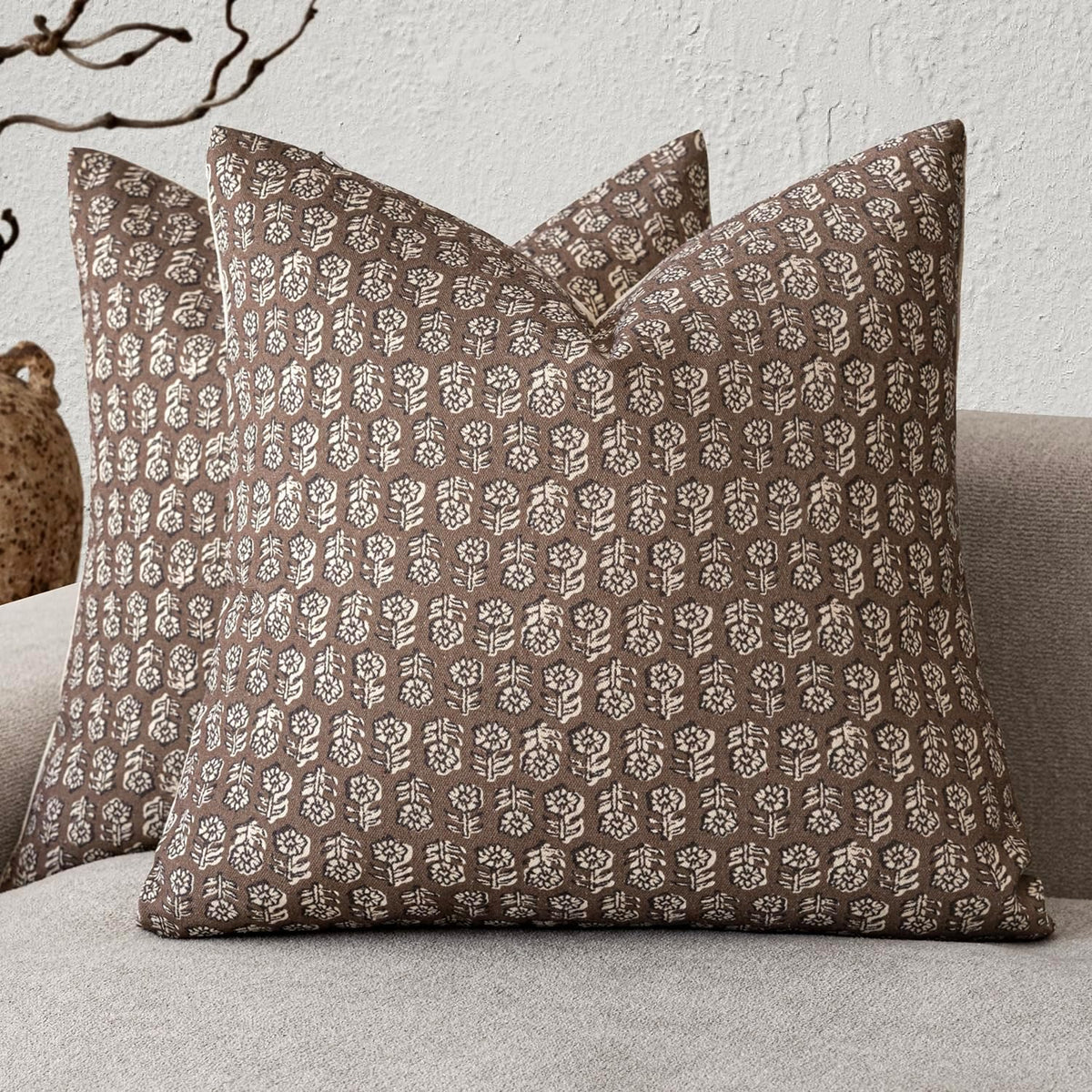 Foindtower Set of 2 Decorative Neutral Floral Print Throw Pillow Covers Vintage Accent Farmhouse Cushion Covers Boho Home Decor for Sofa…