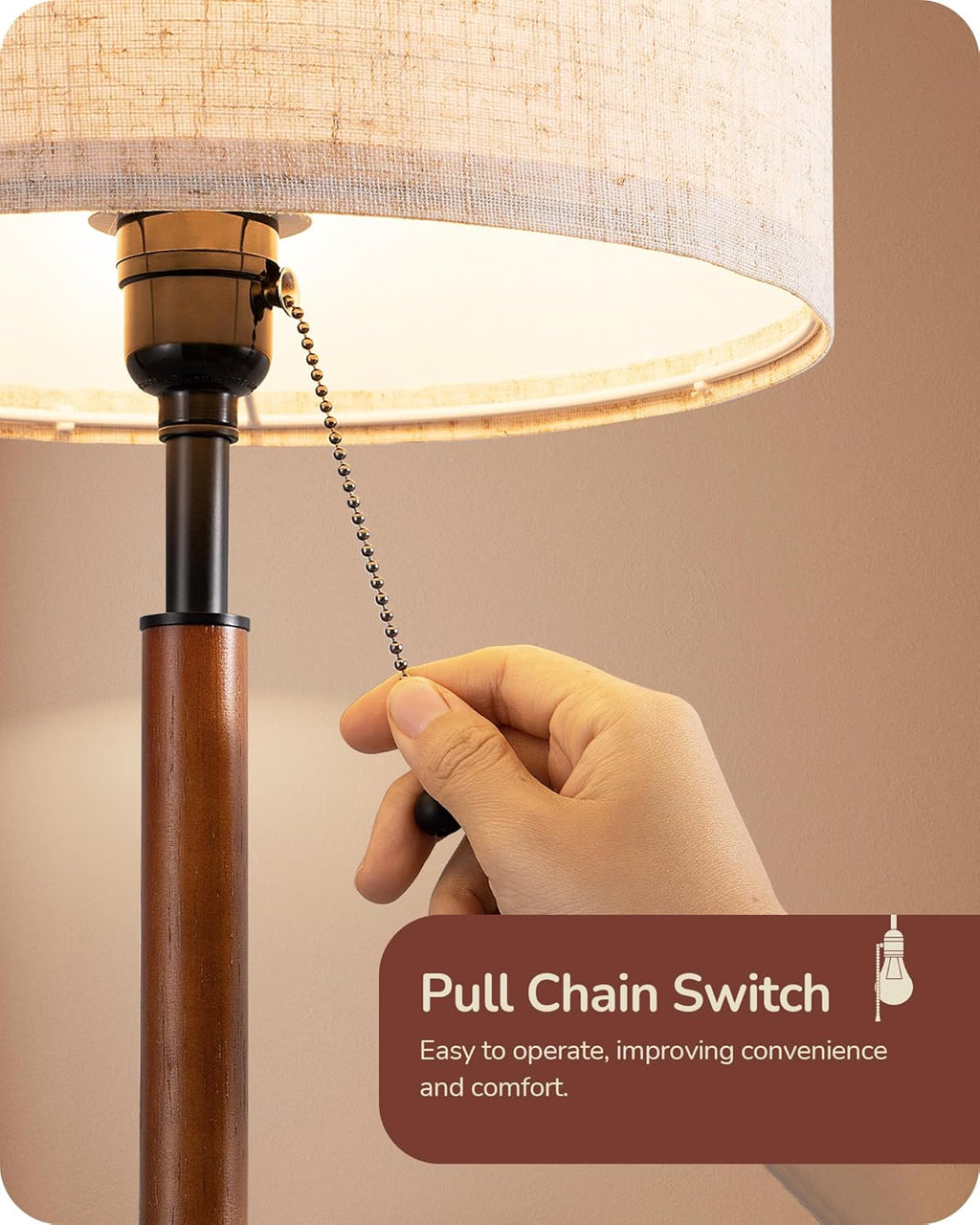 EDISHINE Mid Century Table Lamp, Pull Chain Switch Bedside Lamp with Linen Shade, Solid Wood Pole & Black Metal Base, Modern Nightstand…