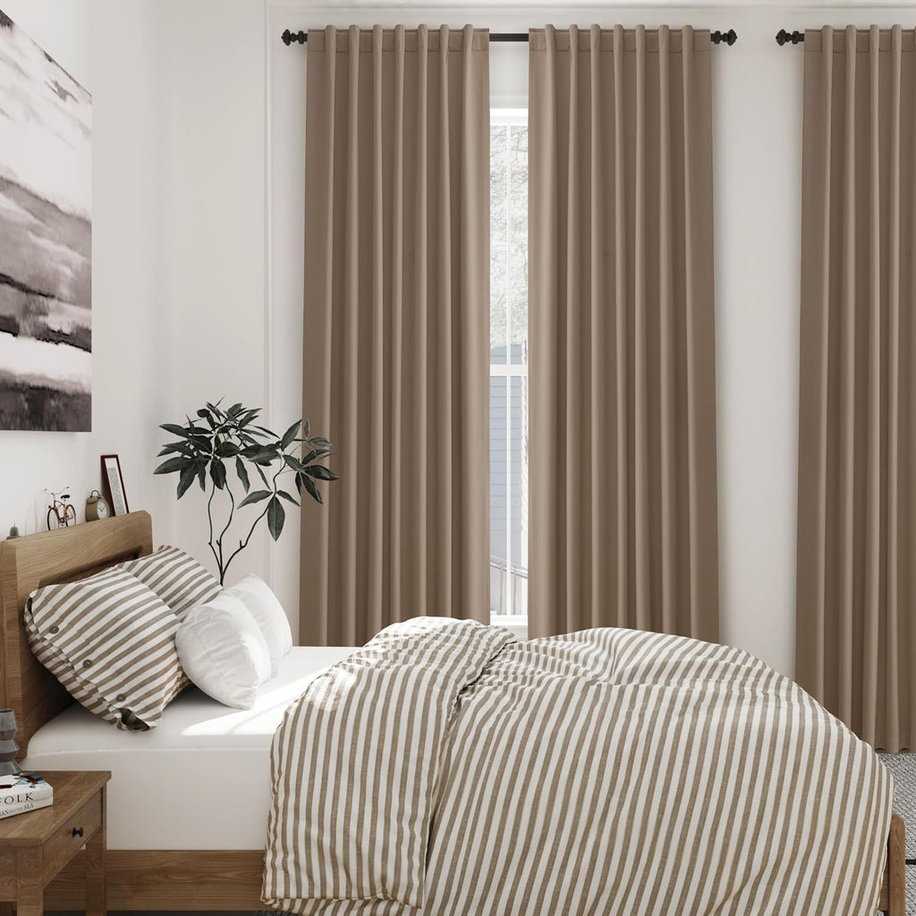 Nanspring Tan 100% Blackout Linen Curtains for Bedroom 120 Inches Long Back Tab Thermal Insulated Farmhouse Boho Decor Black Out Curtain fo…