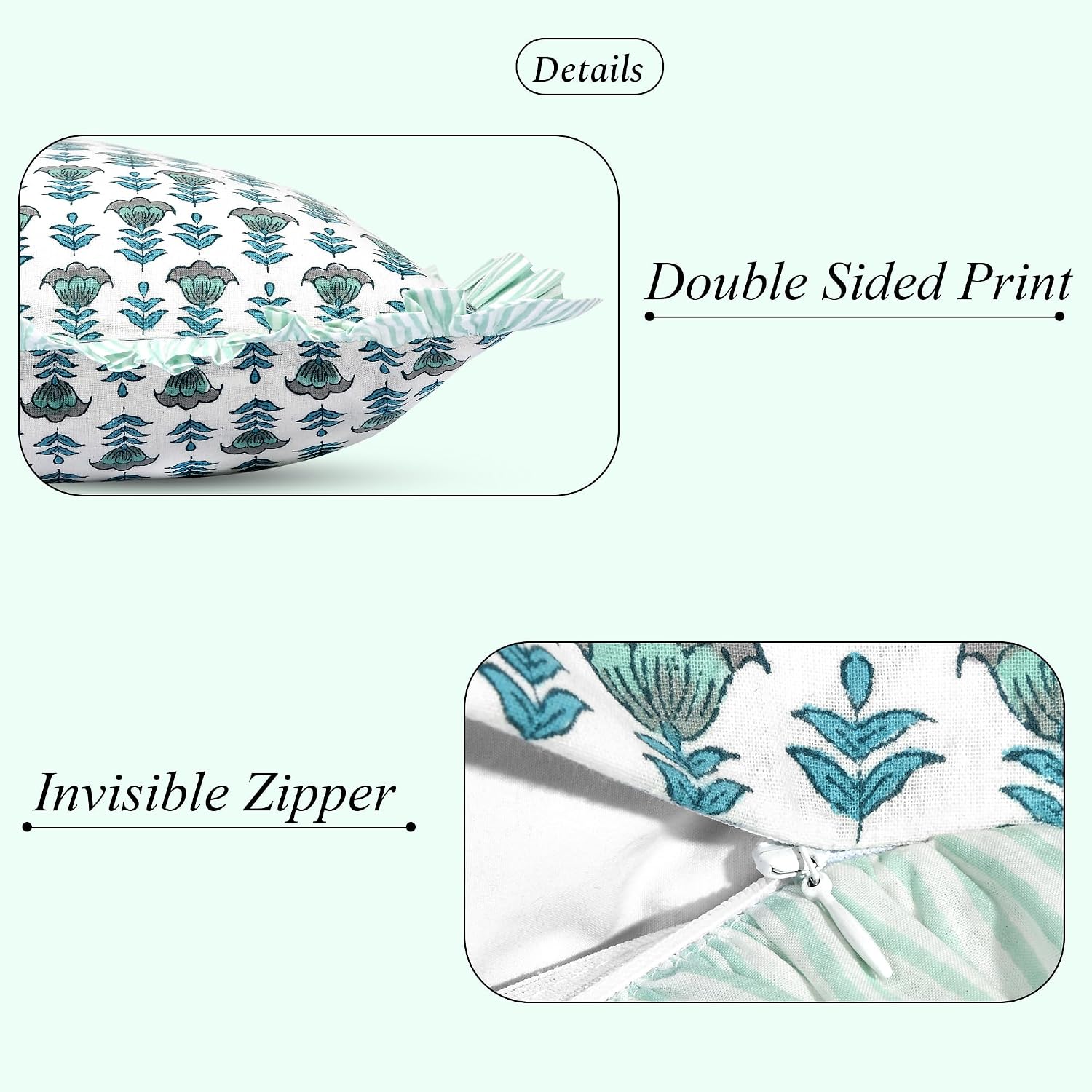 Ridhi Block Print Aquamarine Blue 54"x20" Set 1-100% Cotton Ruffle Lumbar Sham Cover Boho Floral Pillowcase, Farmhouse Cottagecore…
