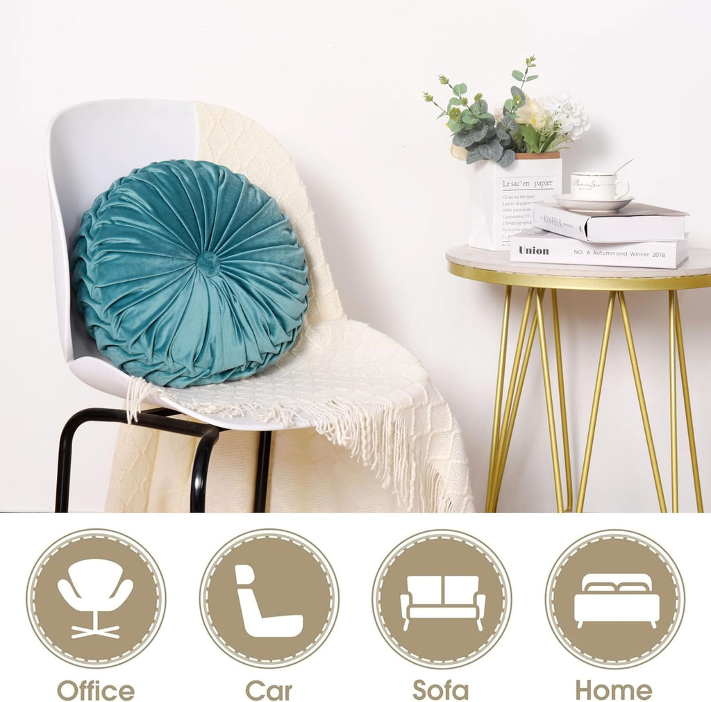 HIG Set of 2 Teal Ruched Velvet Round Throw Pillows – 14.5’’ Decorative Pillows with Soft Polyester Filling for Couch, Bed, Living Room…