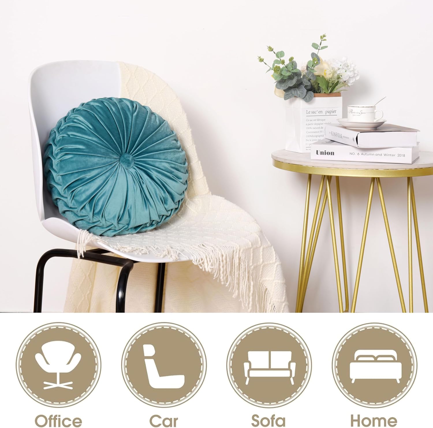 HIG Set of 2 Teal Ruched Velvet Round Throw Pillows – 14.5’’ Decorative Pillows with Soft Polyester Filling for Couch, Bed, Living Room…
