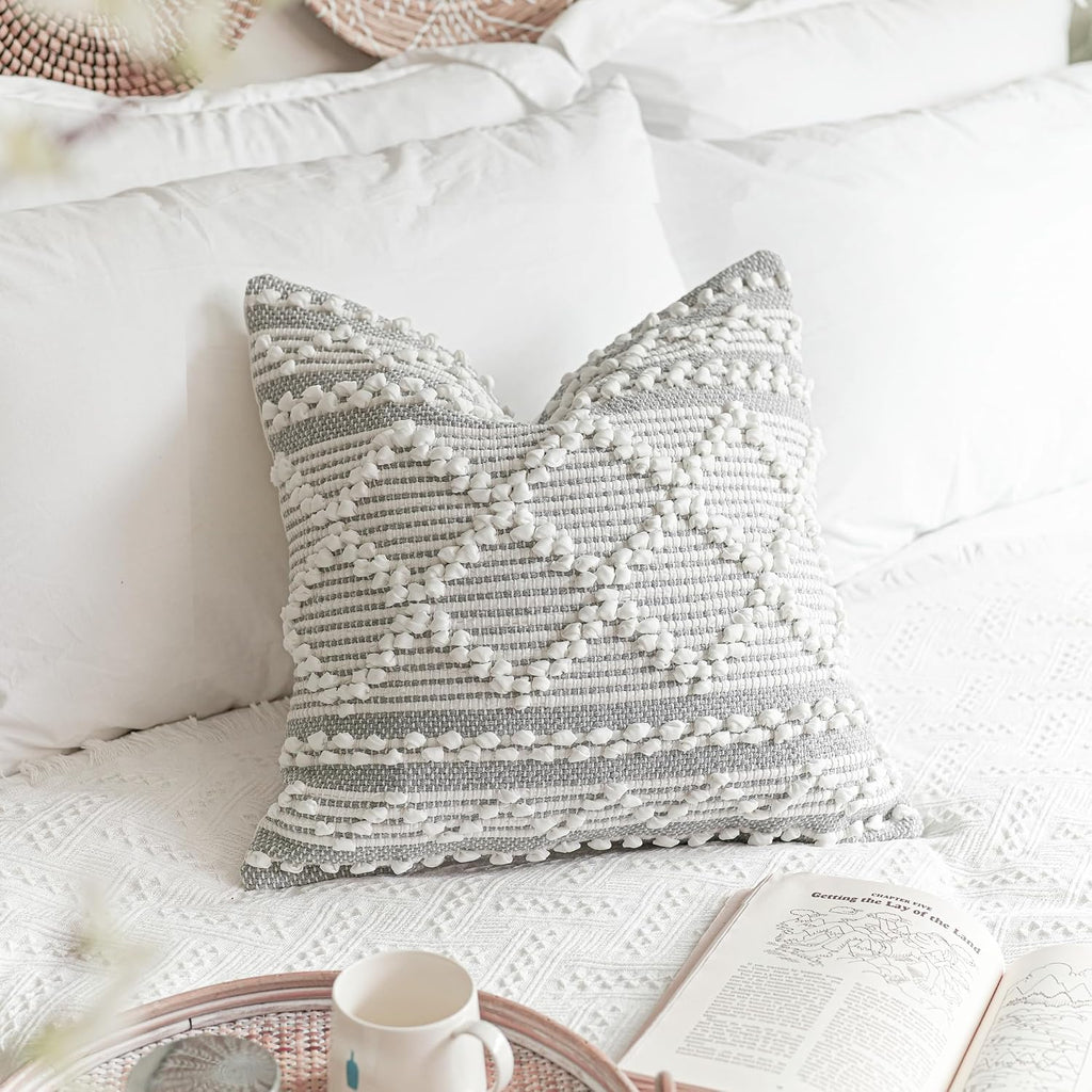BlissBlush Gray White Decorative Throw Pillow Cover 22X22, Boho Accent Pillow for Couch, Square Modern Farmhouse Pillowcase for Living…