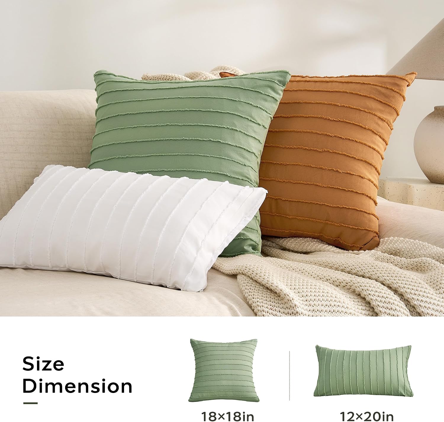 Jellymoni 2 Pack Light Green Pillowcases 12" x20", Soft Microfiber Striped Tufted Pillow Covers(Pillows are not Included) 2 Pack 20 inches…