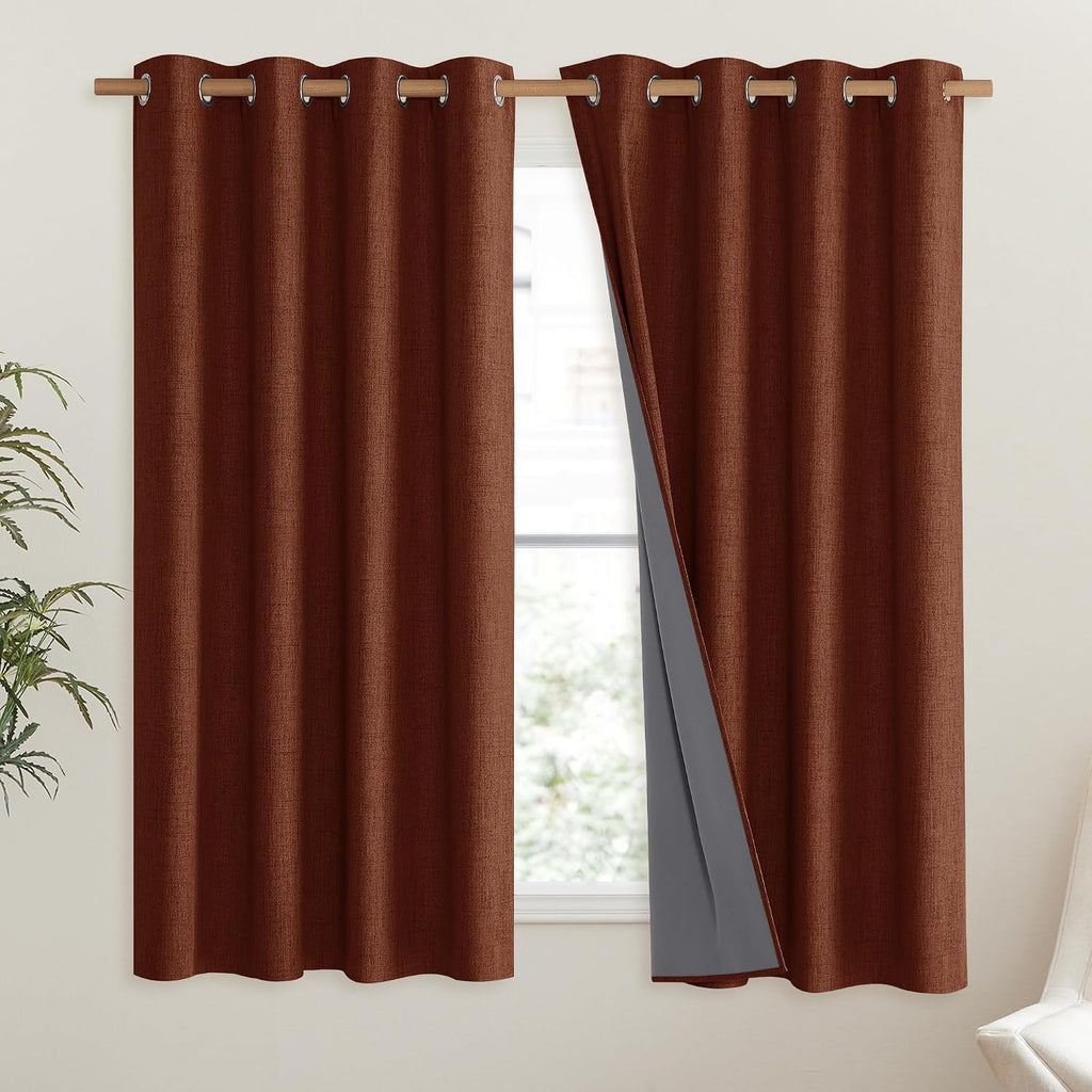 NICETOWN 100% Absolutely Blackout Linen Curtains with Thermal Insulated Liner, 52" Wide, 2 Panels, 63" Long Drapes, Grommet Retro Burnt…