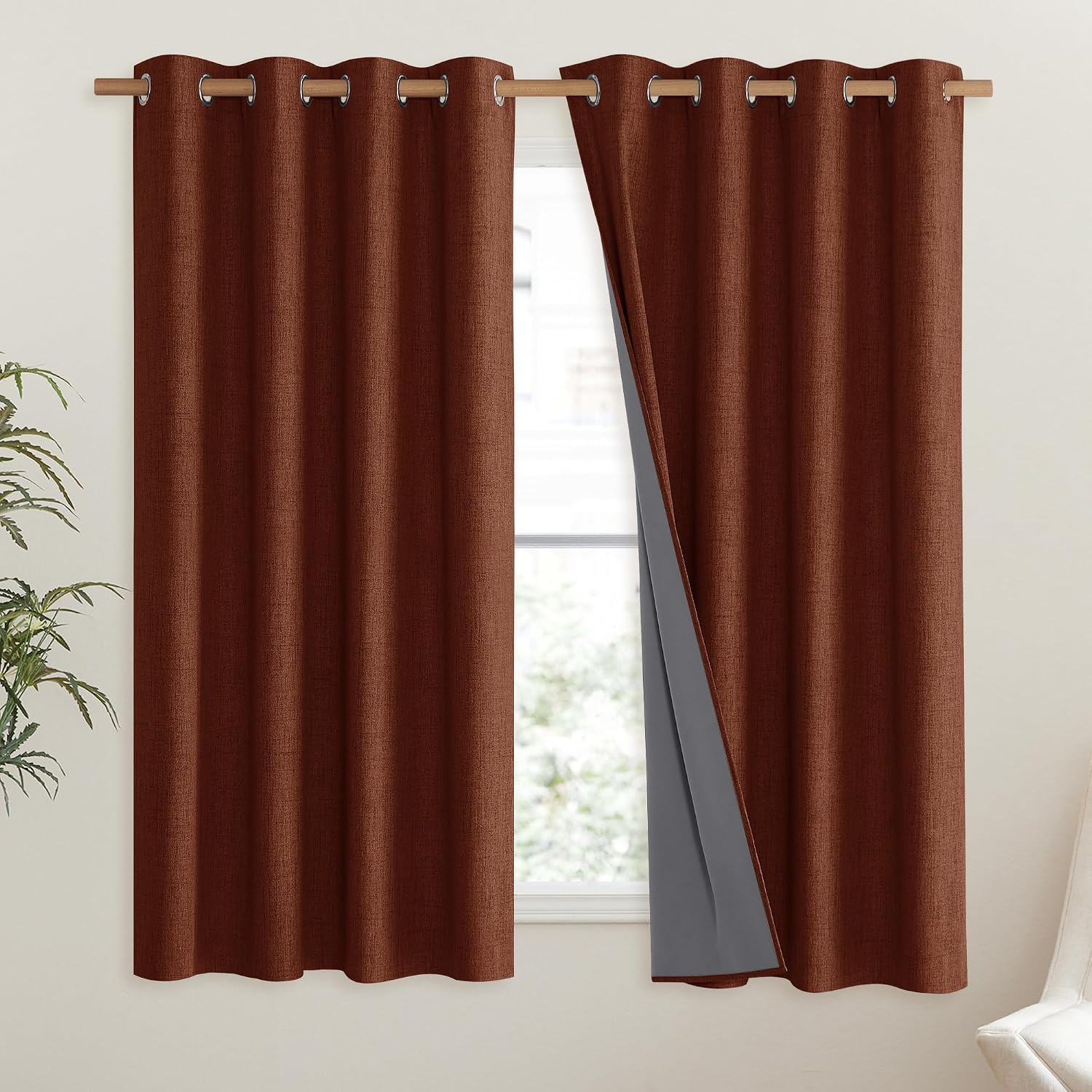 NICETOWN 100% Absolutely Blackout Linen Curtains with Thermal Insulated Liner, 52" Wide, 2 Panels, 63" Long Drapes, Grommet Retro Burnt…