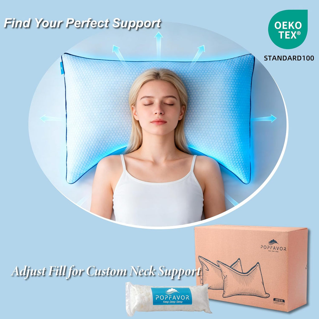 Cooling Pillow Queen Size, Shredded Memory Foam Adjustable Loft, Slow Rebound Cervical Pillow for Neck Pain, Ice Silk & Breathable Cover…