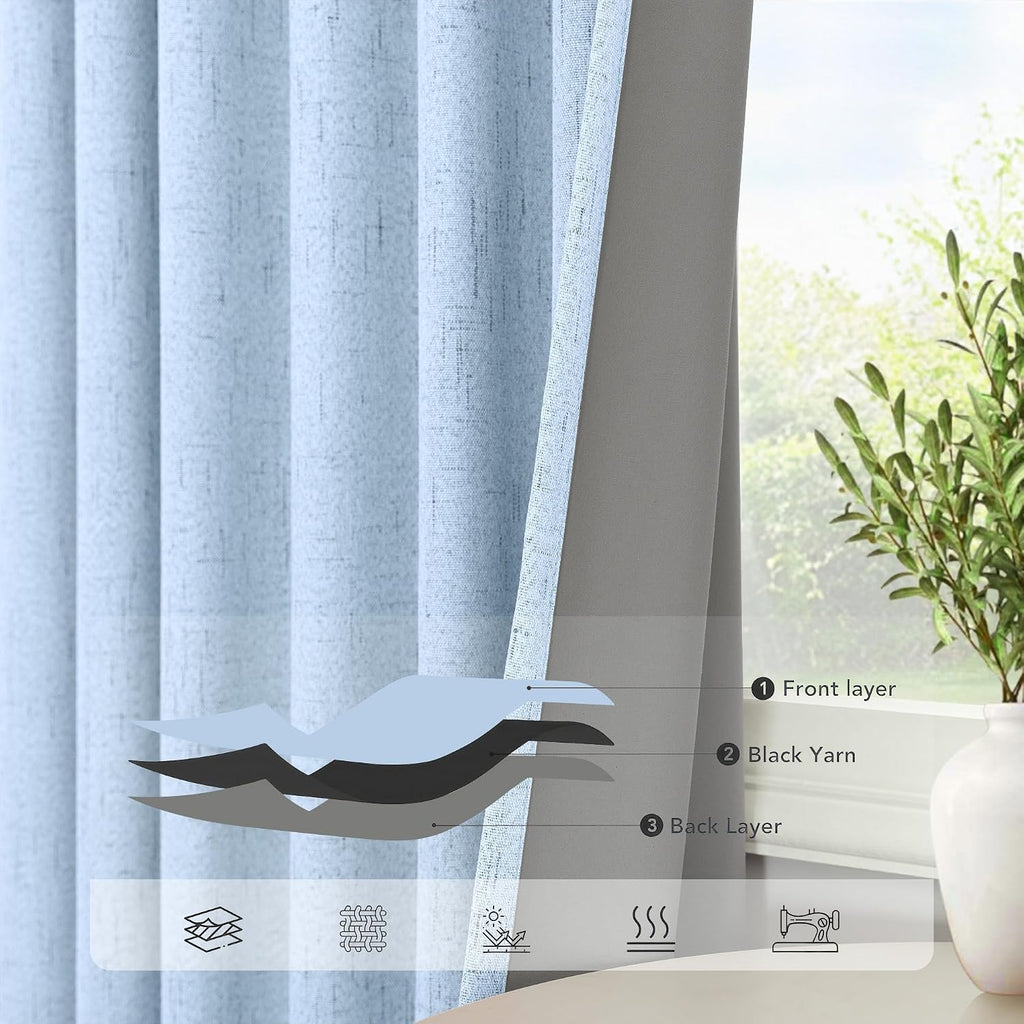 Pitalk Total Blackout Baby Blue Linen Curtains 108 Inches Long 2 Panel Set Light Blue Pale Sky Colored Floor to Ceiling Thermal Spring Summ…