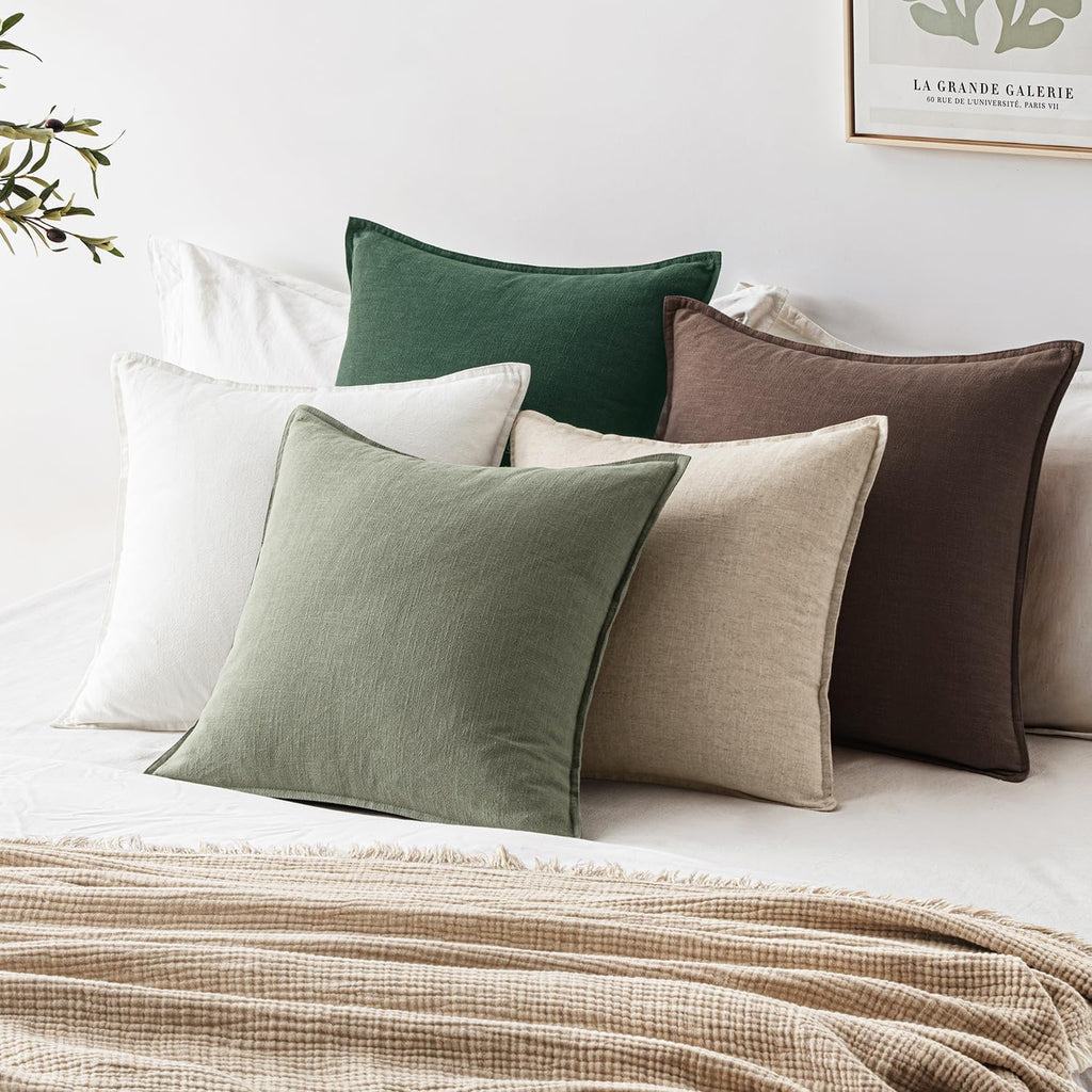 EMEMA Throw Pillow Covers Decorative Linen Pillow Covers 20x20 Inch Light Olive Green Boho Farmhouse Neutral Couch Throw Pillows for Bed…