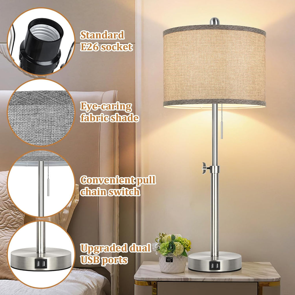 Silver Table Lamps Set of 2 for Living Room Bedroom, 23''-30'' Adjustable Height Bedside Lamps with 2 USB Ports, Industrial Nickle…