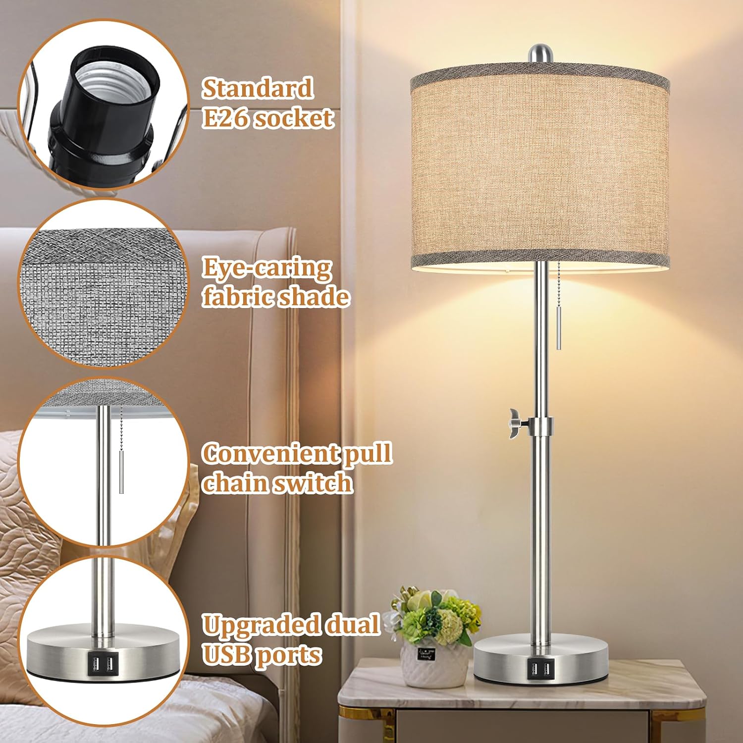 Silver Table Lamps Set of 2 for Living Room Bedroom, 23''-30'' Adjustable Height Bedside Lamps with 2 USB Ports, Industrial Nickle…