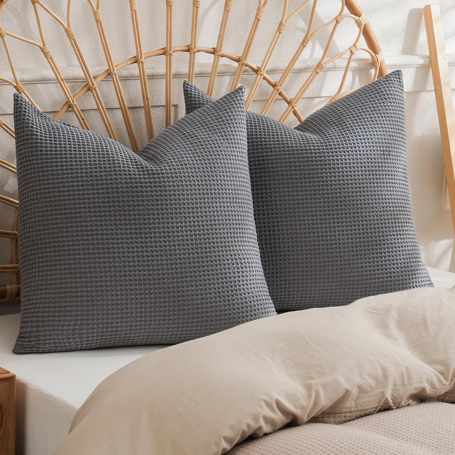 Phf 100% Cotton Waffle Weave Throw Pillow Cover, 20" x 20", No Filling, 2 Pack Elegant Home Decorative Square Throw Pillow Covers for Bed C…