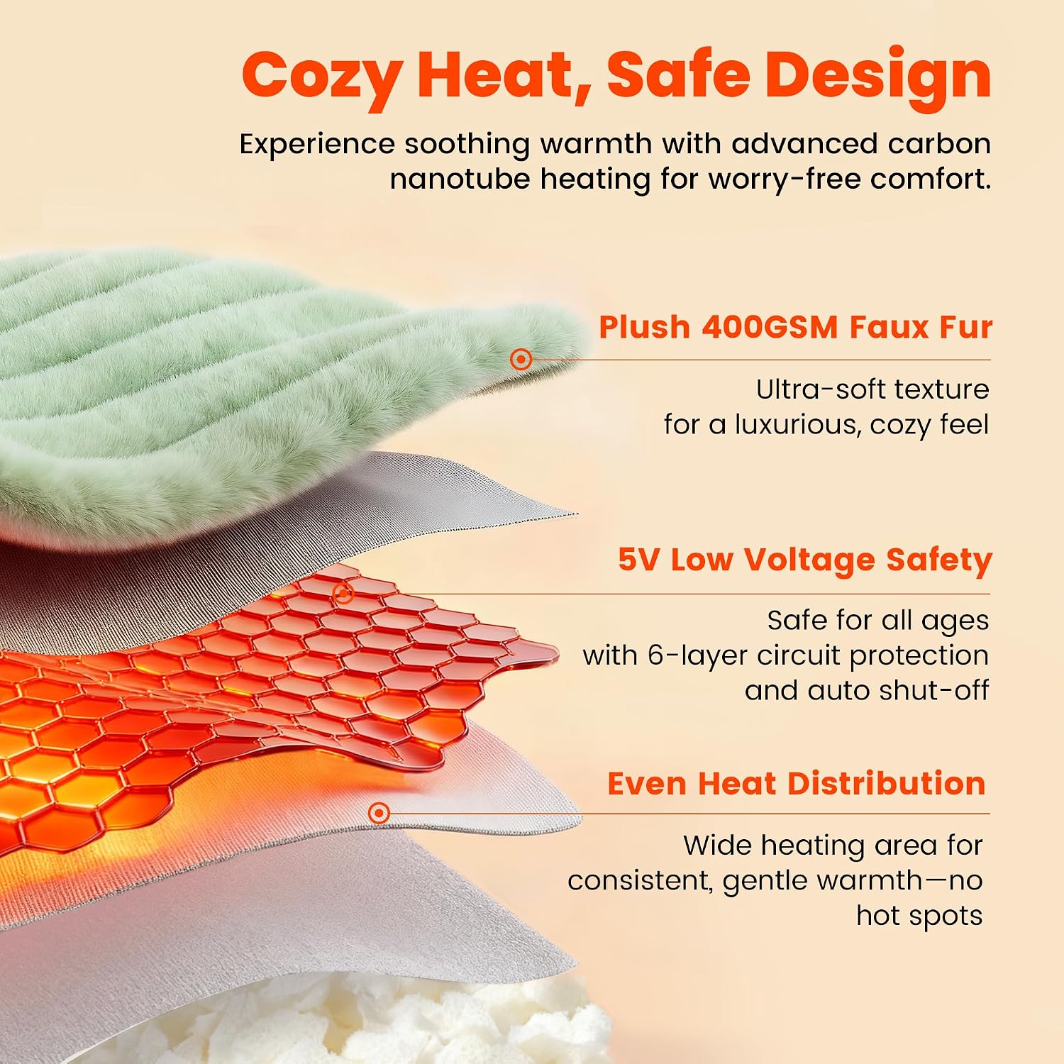 Amélie Home Heated Faux Fur Reading Pillow 3 Temperature Backrest for Sitting in Bed Support Cushion, USB-Powered(No Power Bank Included)…