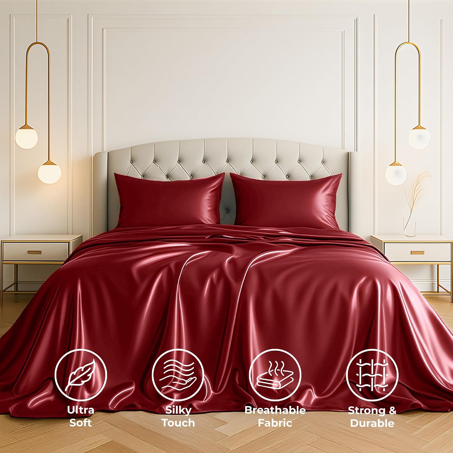 PureBedding Satin Sheets California King [4-Piece, Burgundy] Luxury Silky Bed Sheets - Extra Soft 1800 Microfiber Sheet Set, Wrinkle, Fade,…