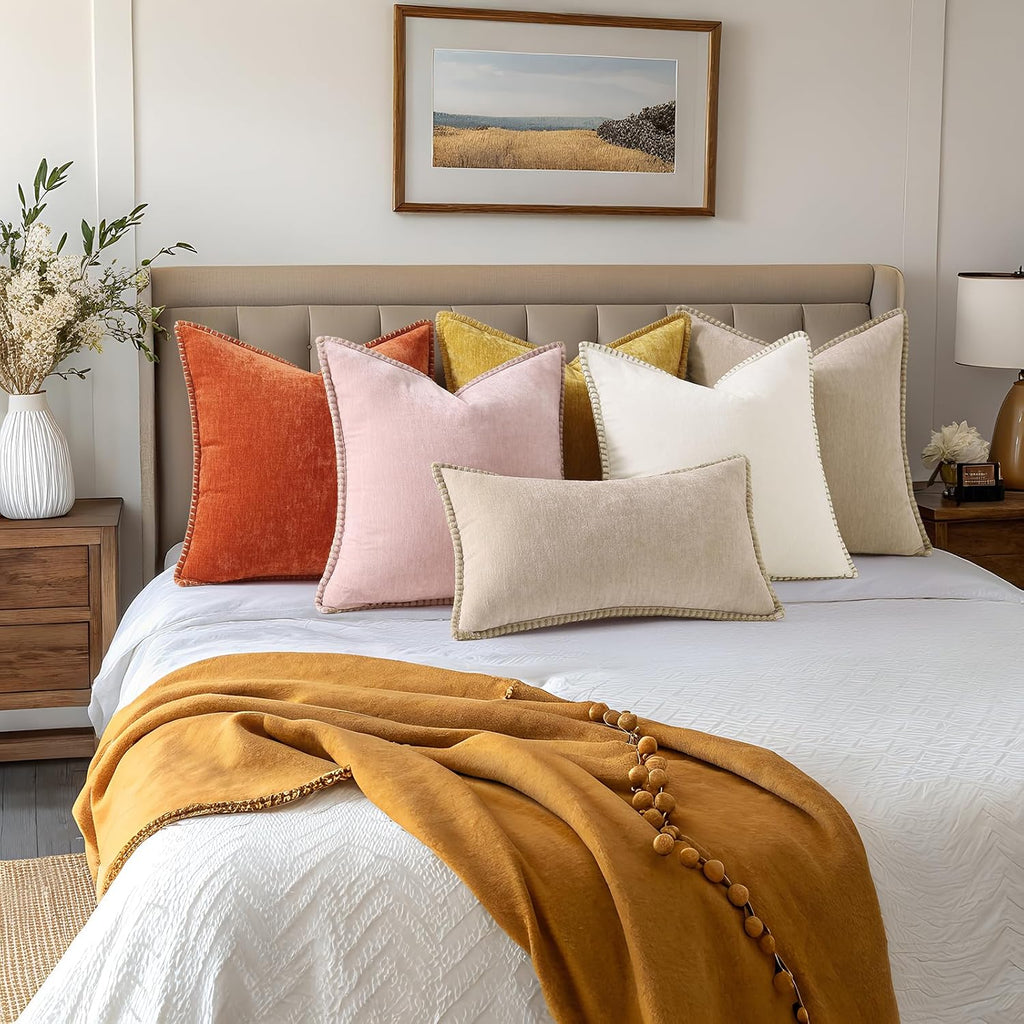 decorUhome Summer Chenille Soft Cozy Throw Pillow Covers 26x26 Set of 2, Modern Farmhouse Boho Velvet Decorative Euro Sham Pillow Cases wit…