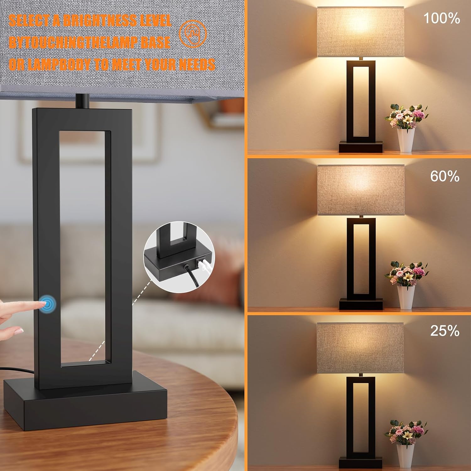 Seealle 22" Tall Living Room Lamps for Night Stands - Touch Bedside Lamp with USB C+A, 3 Way Dimmable Bedroom Lamps for End Tables Set of…