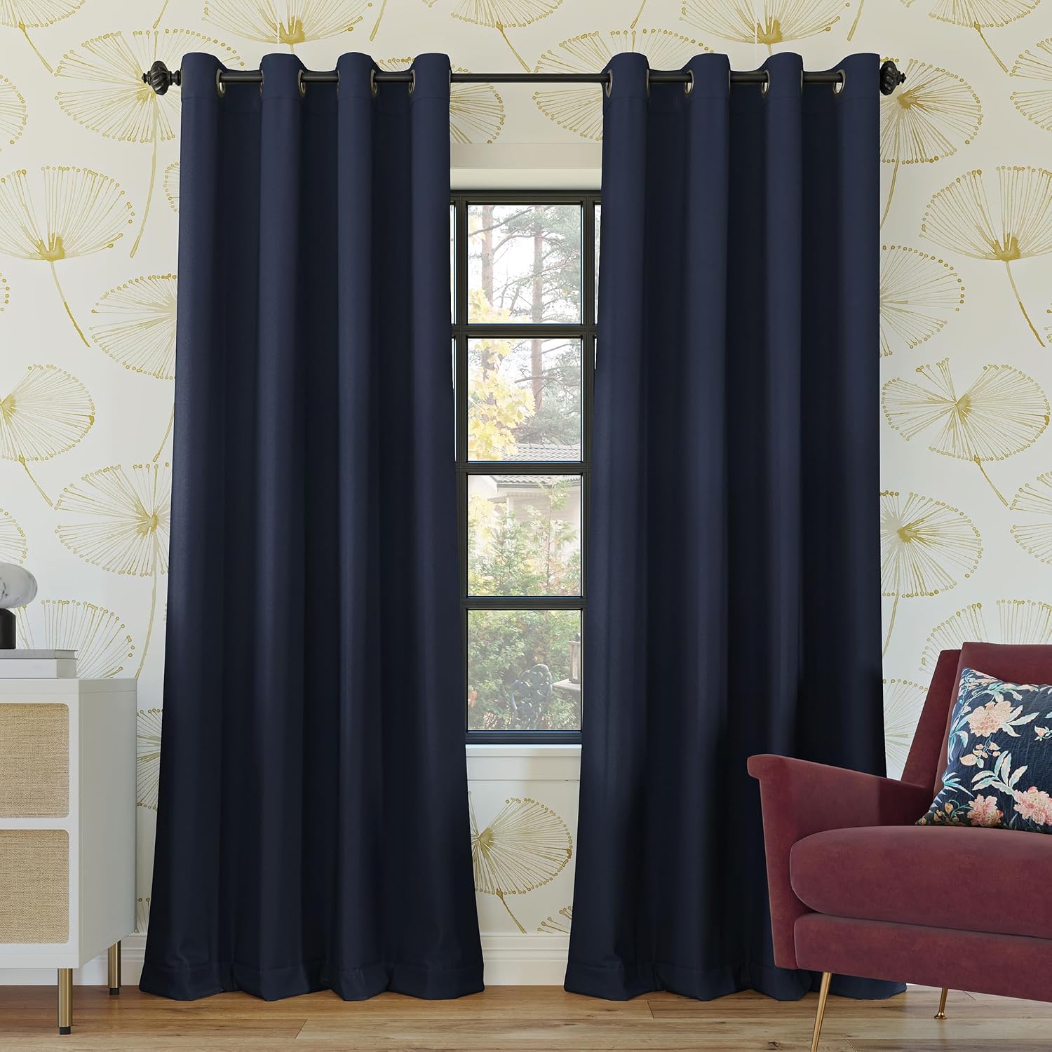 Sun Zero Nordic 2-Pack Theater Grade Noise Reducing Extreme 100% Blackout Grommet Curtain Panel Pair, 52" x 54, Navy Blue