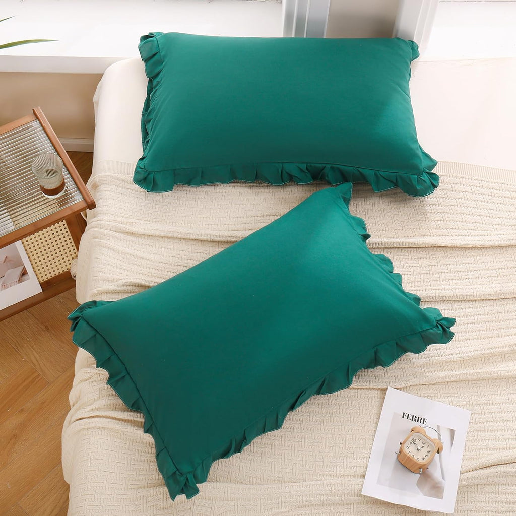 Merryword Dark Green Pillow Shams Green King Pillowcases Cute Pillow Cover Set of 2 Soft Shabby Chic Ruffled Pillowcases 2 Pack (King (20''…