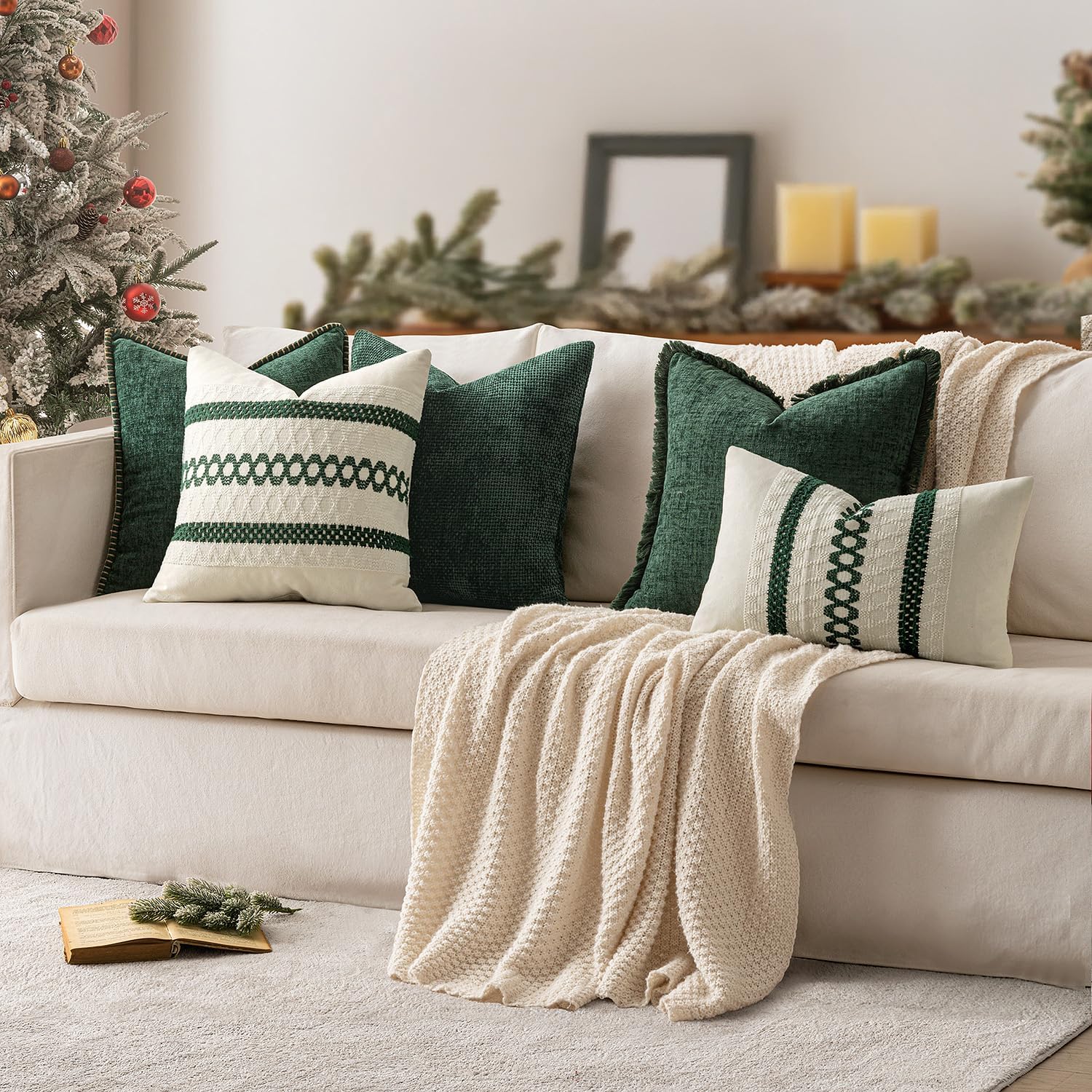 Miulee Pack of 2 Green Couch Throw Pillow Covers 20x20 Inch Modern Boho Accent Decorative Pillow Covers Soft Chenille Farmhouse Cushion Cov…