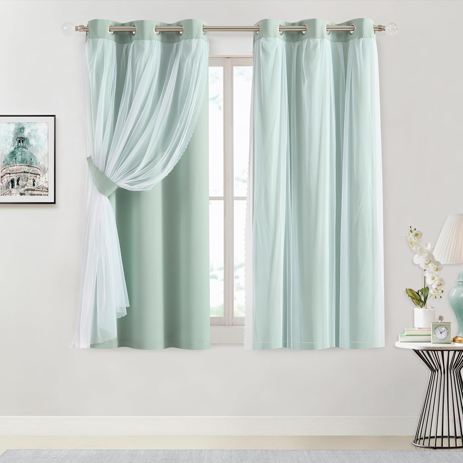 Bujasso Aqua 80% Blackout Curtains with Sheer Overlay Mix and Match Double Layer Thermal Insulated Window Panels 63 inch for Living Room Be…