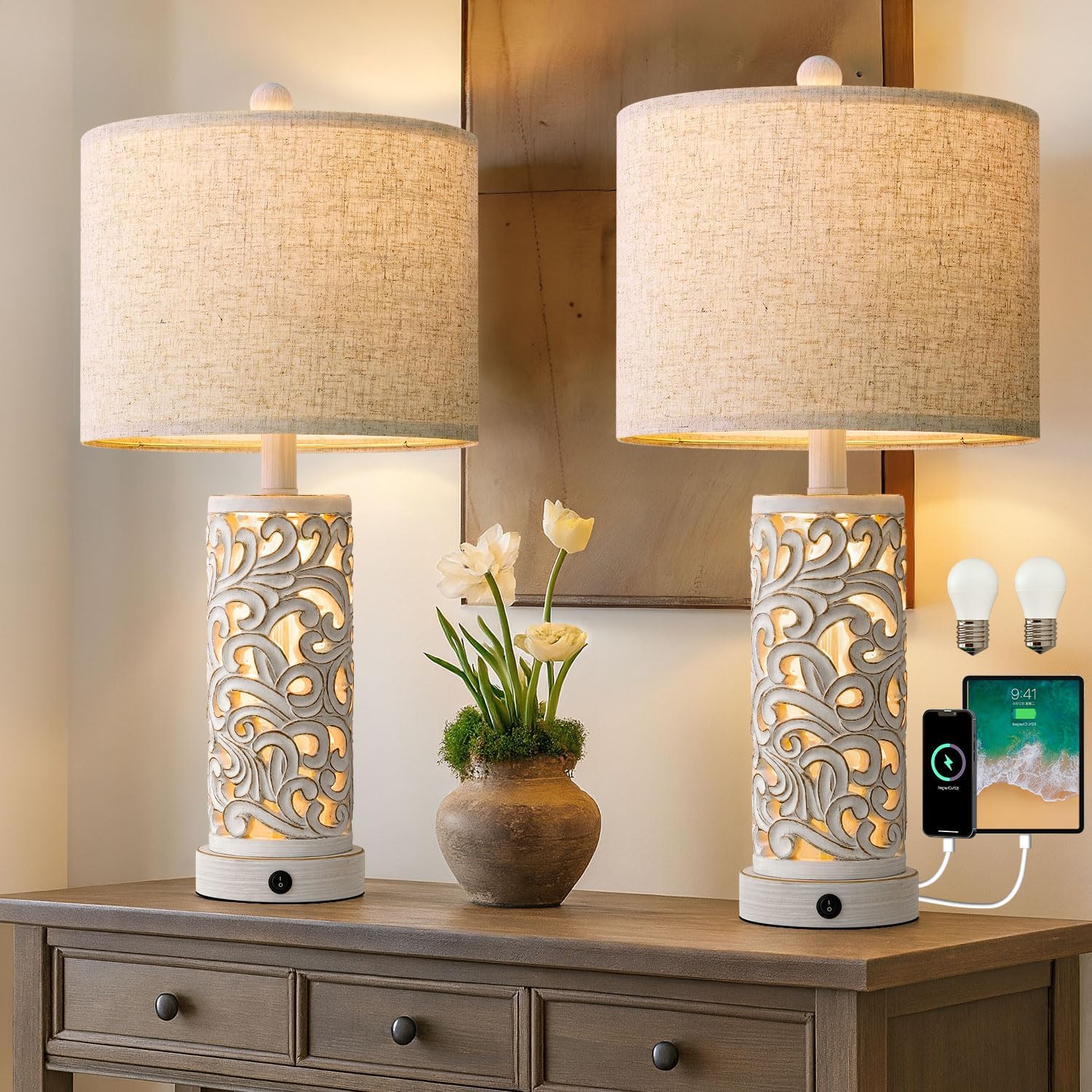 Oyears 22'' Table Lamp Set of 2 for Living Room, Farmhouse Lamp for for Bedroom, Vintage Retro Bedside Lamps with USB Ports Linen Shade for H…