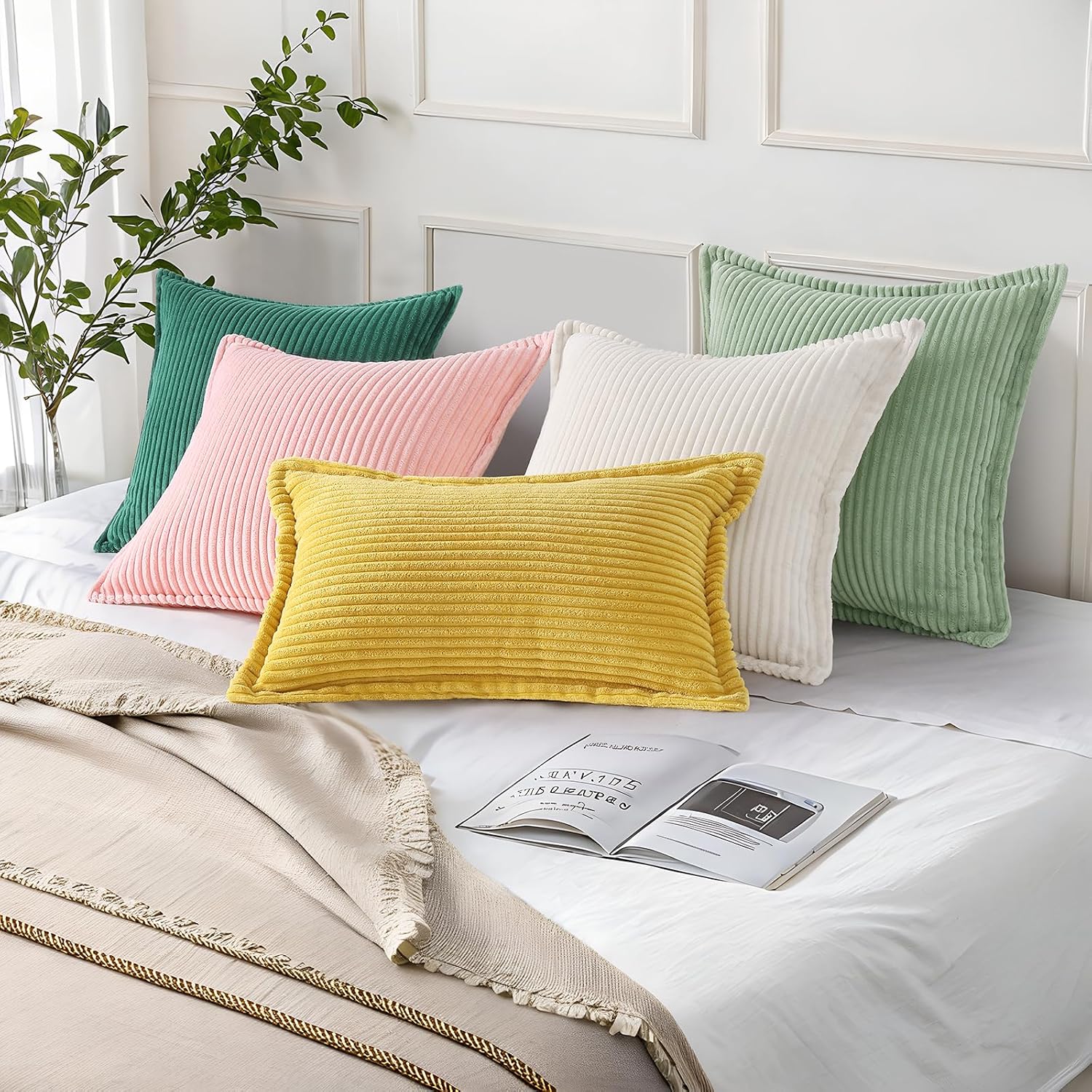 Mecatny Corduroy Summer Throw Pillow Covers 24x24 Set of 2, Neutral Decorative Soft Boho Couch Pillow Covers with Broadside for Sofa…