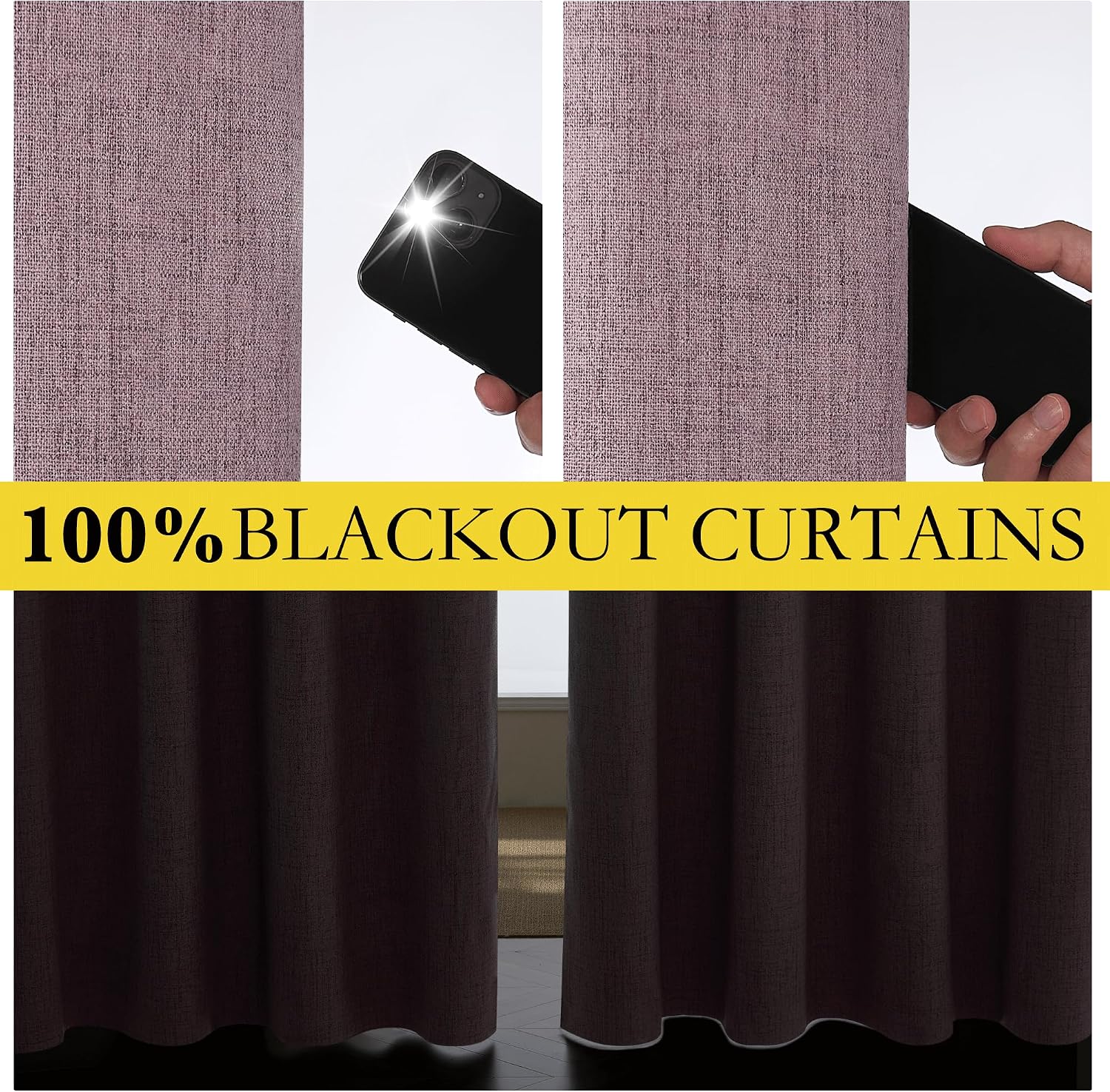 NICETOWN Chaise Mauve Vintage Linen 100% Blackout Curtains for Classroom, Thermal Insulated Curtains 63" Long, Noise Reducing Window…