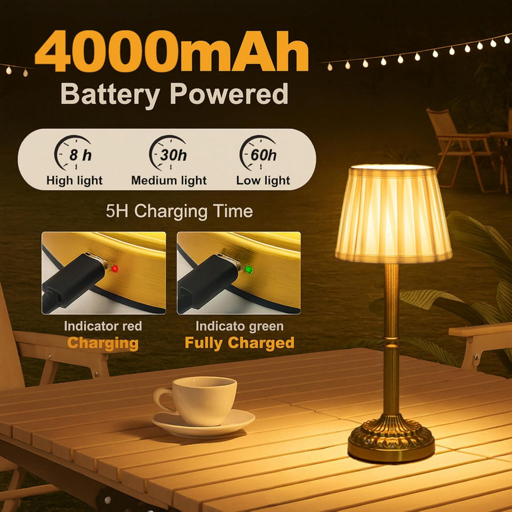 Cordless Table Lamp with Touch Control, Small LED Bedside Lamp with Pleated Shade, 3 Brightness Levels Nightstand Lamp for Bedroom…