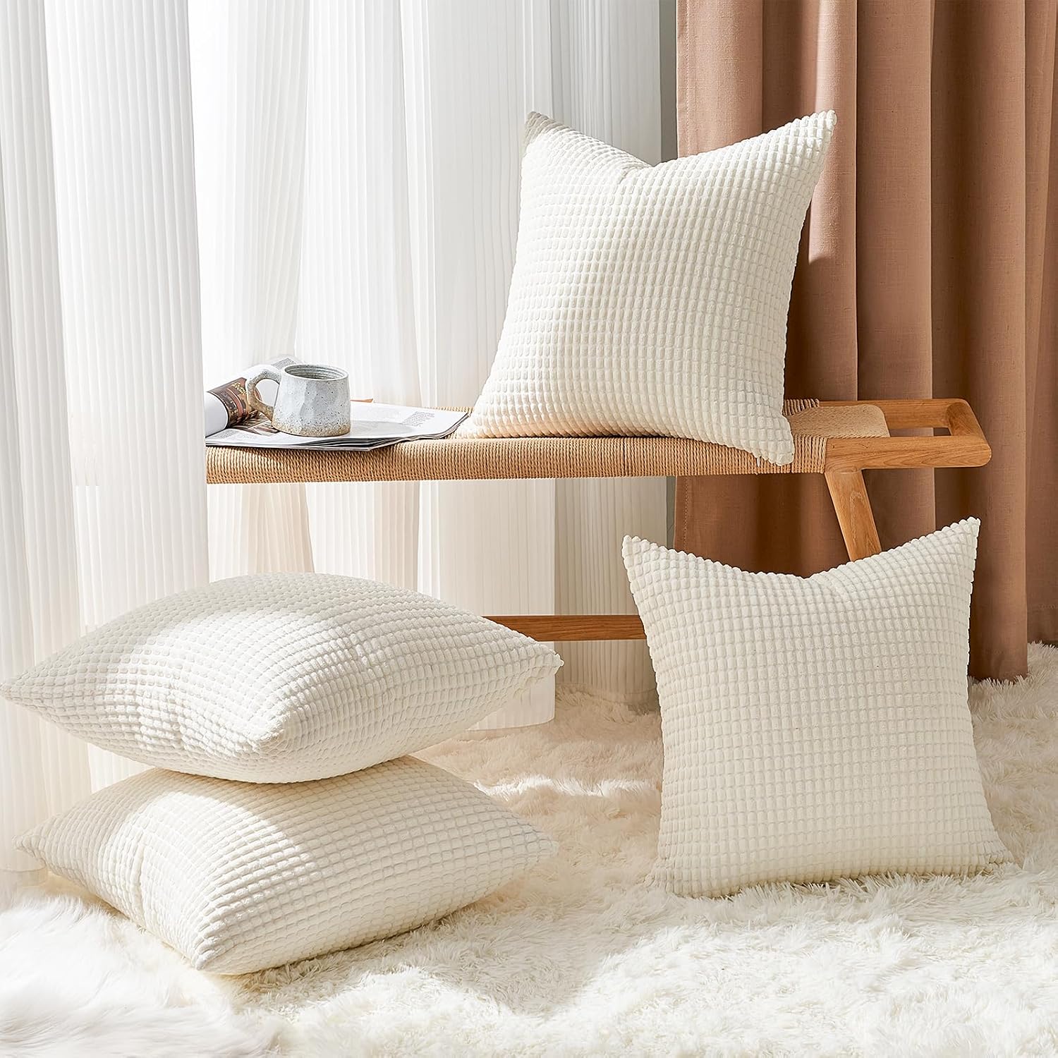 Topfinel 4 Packs Cream White Decorative Throw Pillow Covers 16x16 Inch for Living Room Couch Bed Sofa, Boho Western Farmhouse Home Decor, S…