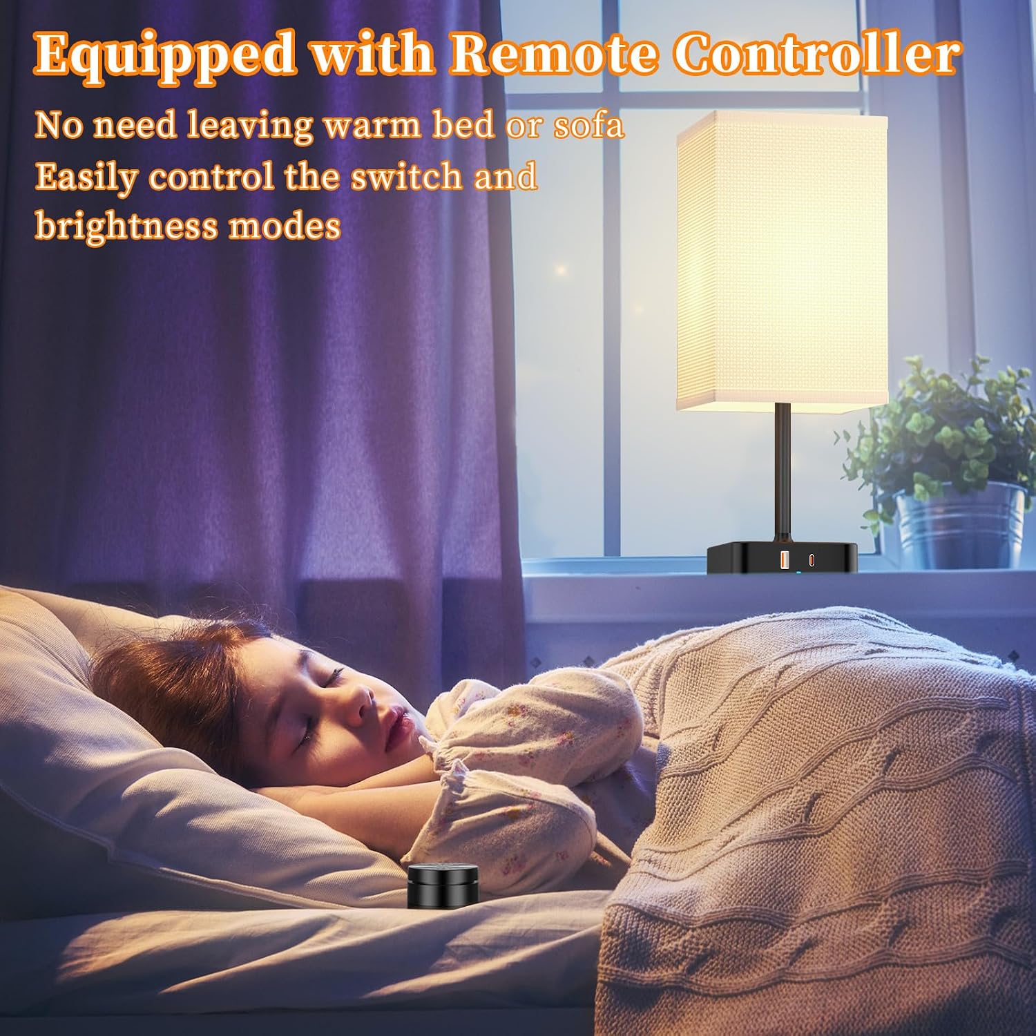 Remote Control Bedside Lamp with USB-C & USB-A Charging Ports, 2 AC Outlets, Stepless Dimming Nightstand Lamp for Bedroom- Touch & Remote…