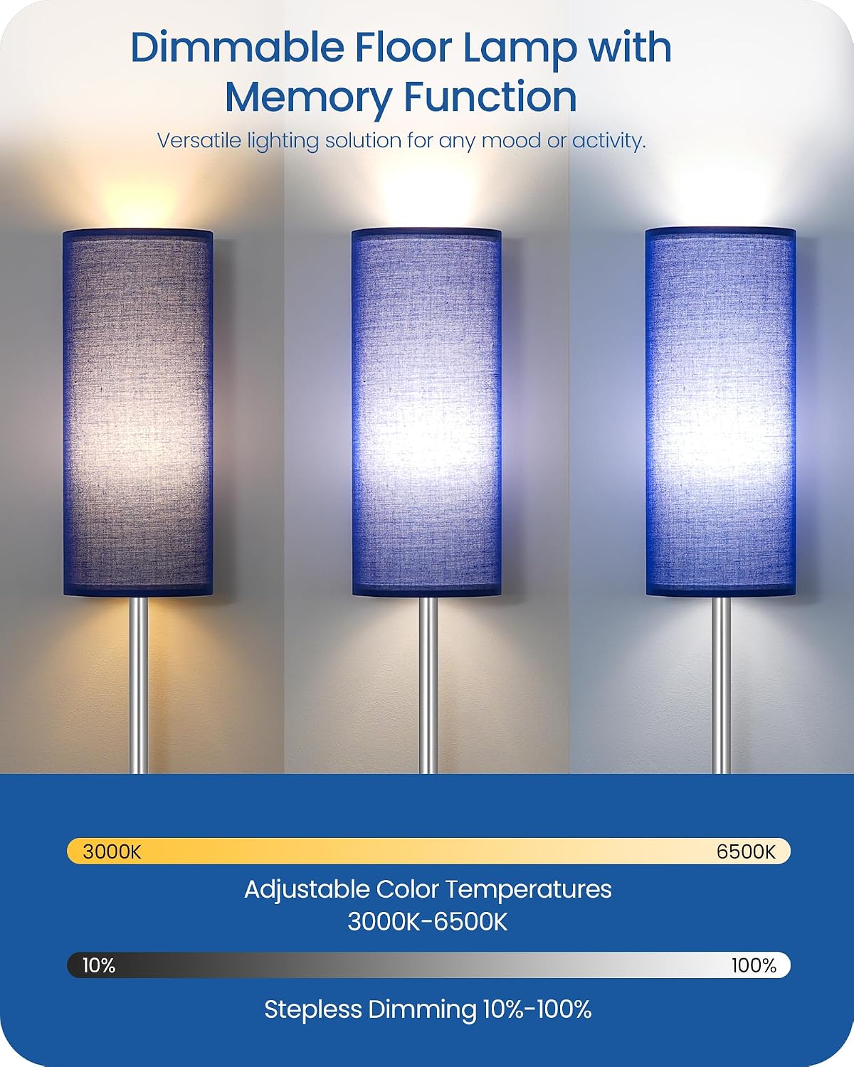 Dimmable Floor Lamps for Living Room with Remote and Foot Switch, 64.4” Modern Standing Tall Lamp, Corner Lamp for Bedroom, Office, Bulb…