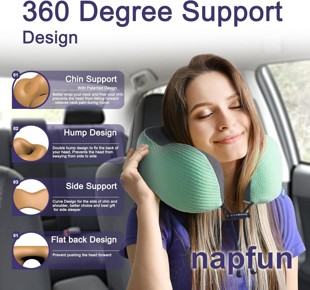 napfun Neck Pillow for Traveling, Upgraded Travel Neck Pillow for Airplane 100% Pure Memory Foam Travel Pillow for Flight Headrest Sleep…