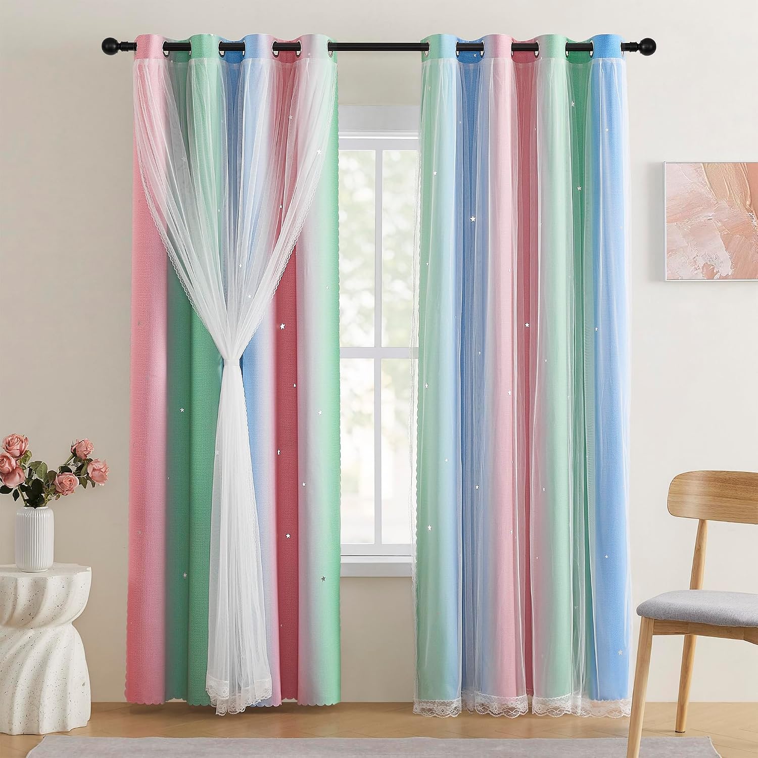 Addsomecolortolife XiDi Pink & Rainbow Curtains for Kids & Girl Rooms - Blackout, Unicorn Wall Decals, 52x84 Inch 1.6 inch Pink