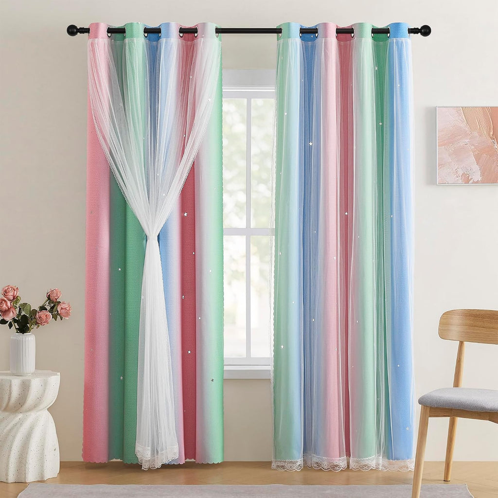 Addsomecolortolife XiDi Pink & Rainbow Curtains for Kids & Girl Bedrooms - Blackout, Unicorn Wall Decals, 52x72 Inch 1.6 inch Pink