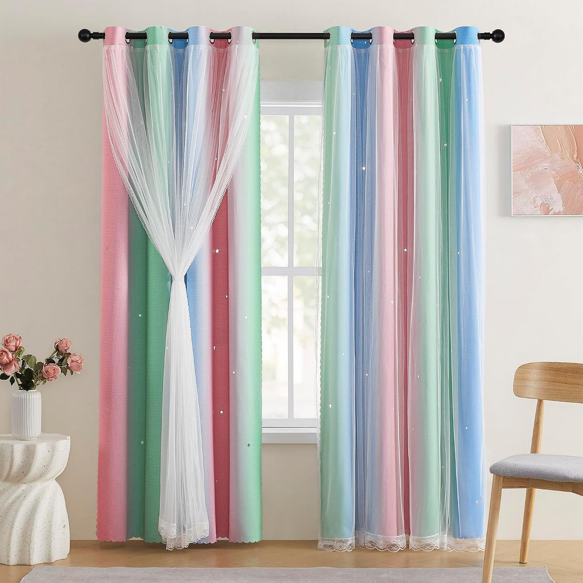Addsomecolortolife XiDi Pink & Rainbow Curtains for Kids & Girl Bedrooms - Blackout, Unicorn Wall Decals, 52x72 Inch 1.6 inch Pink