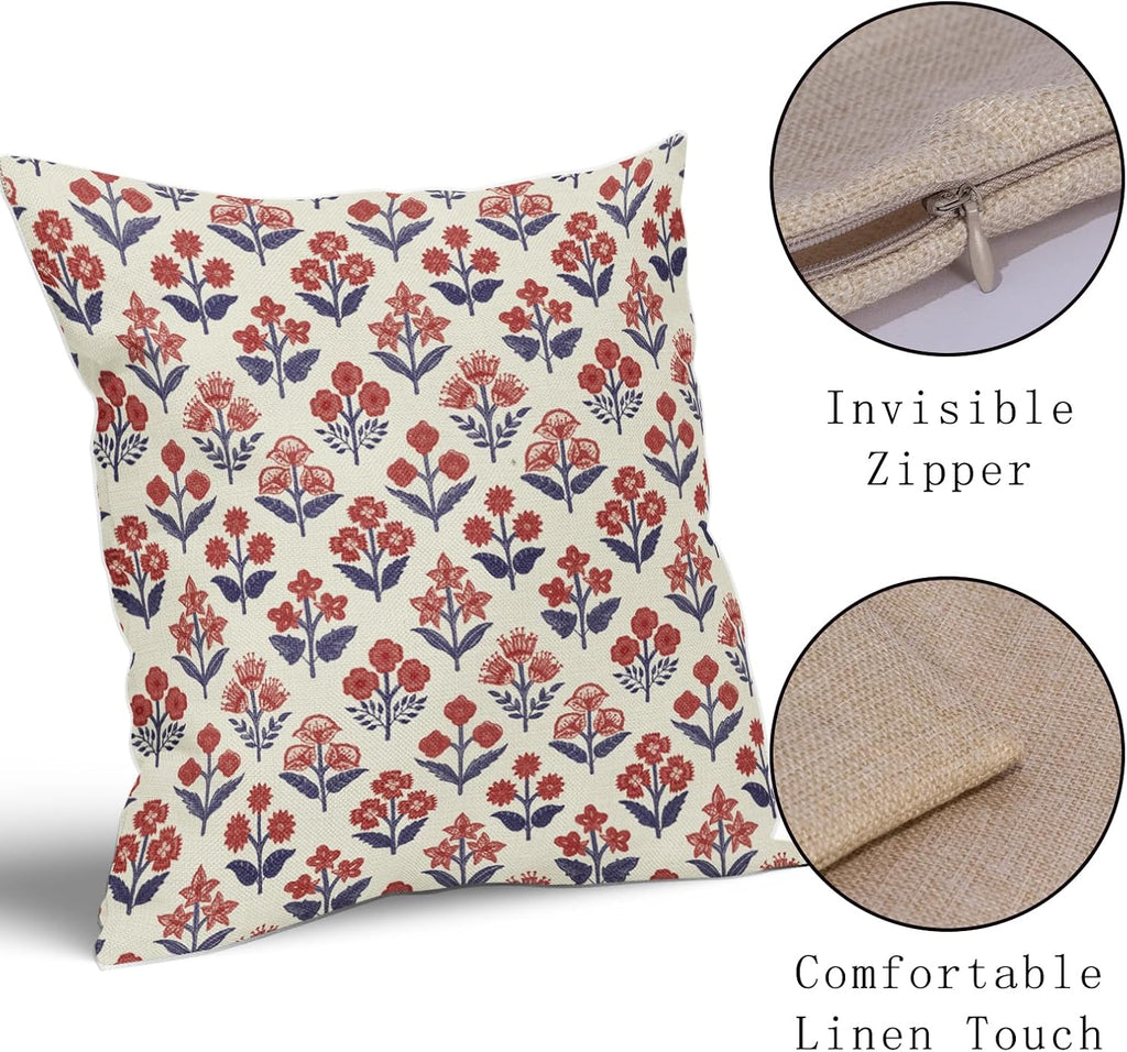 4th of July Patriotic Floral Block Print Pillow Covers 22x22 Inch Set of 2, Navy Blue Red Vintage Flower Decorative Throw Pillowcases…