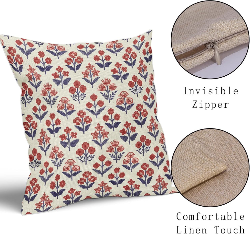 4th of July Patriotic Floral Block Print Pillow Covers 24x24 Inch Set of 2, Navy Blue Red Vintage Flower Decorative Throw Pillowcases…