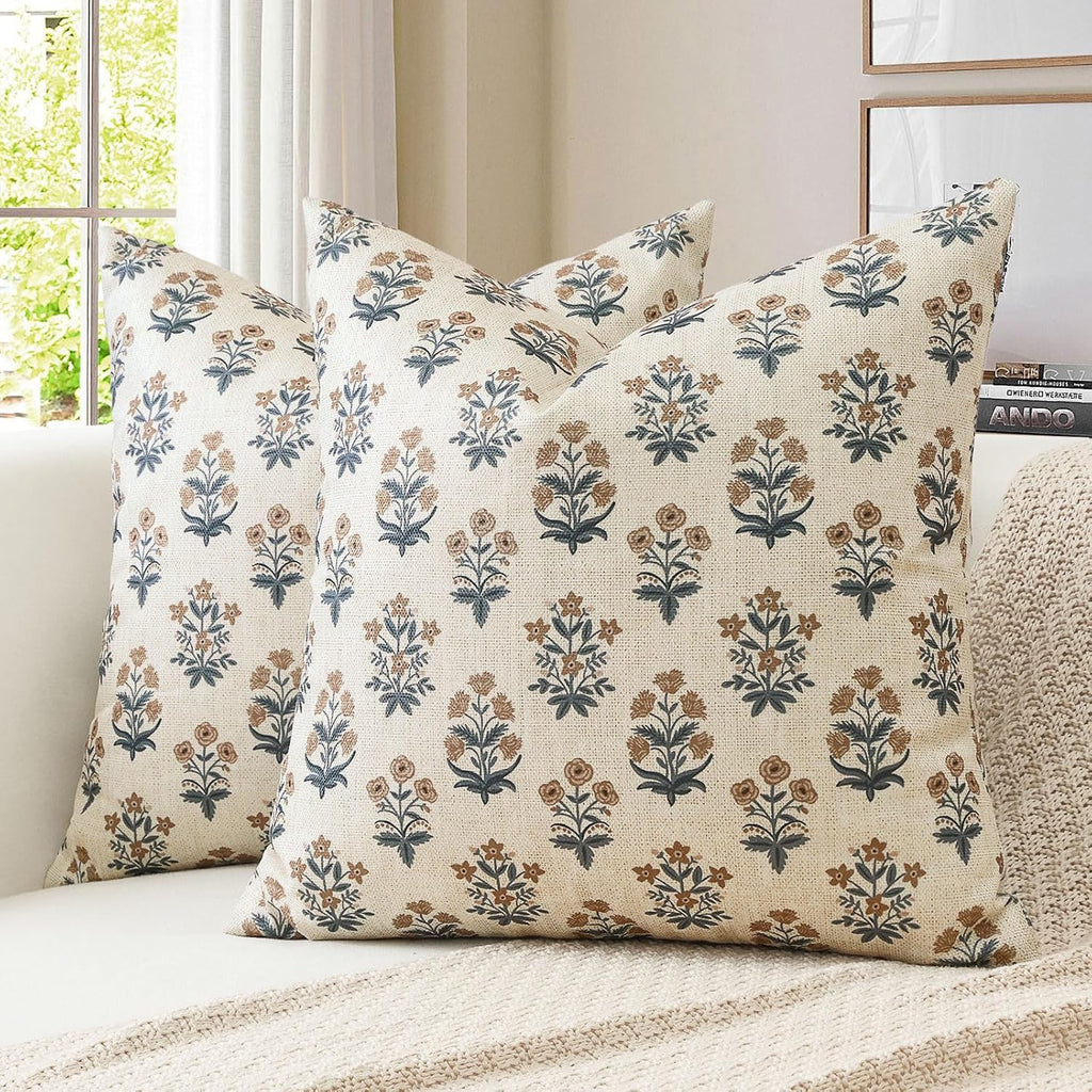 OTOSTAR Floral Print Pillow Covers 18x18 Inch Pack of 2 Double-Sided Brown Grey Flower Square Throw Pillow Covers Farmhouse Rustic…