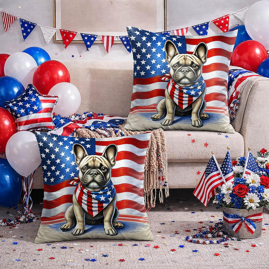 BlissYard Patriotic Dog Throw Pillow Covers 18x18 Set of 2 American Flag Bulldog Pillow Covers 4th of July Independence Day Decorations…