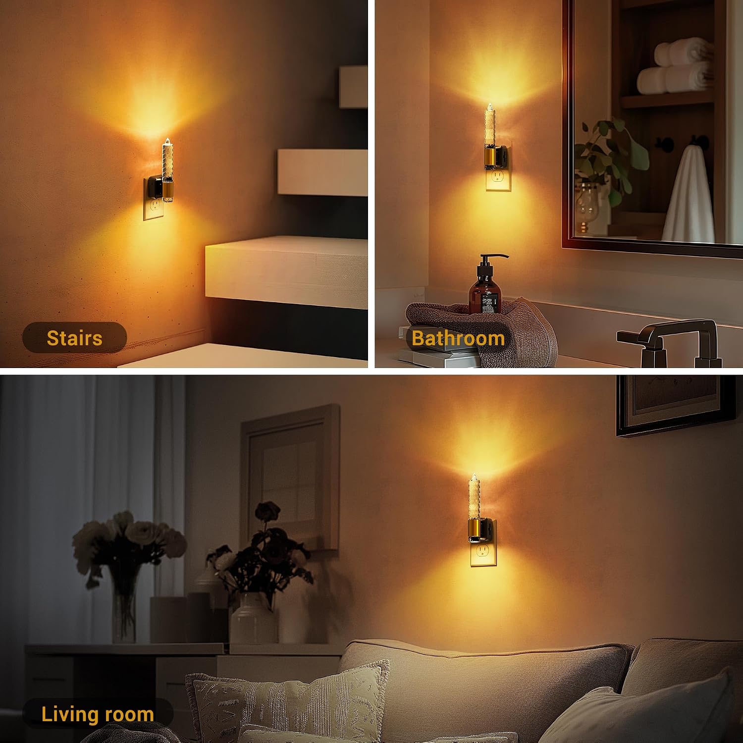 JandCase Night Light, Flameless Candle Amber Night Lights Plug into Wall 2 Pack, Auto On/Off Light Sensor Crystal Dimmable LED…