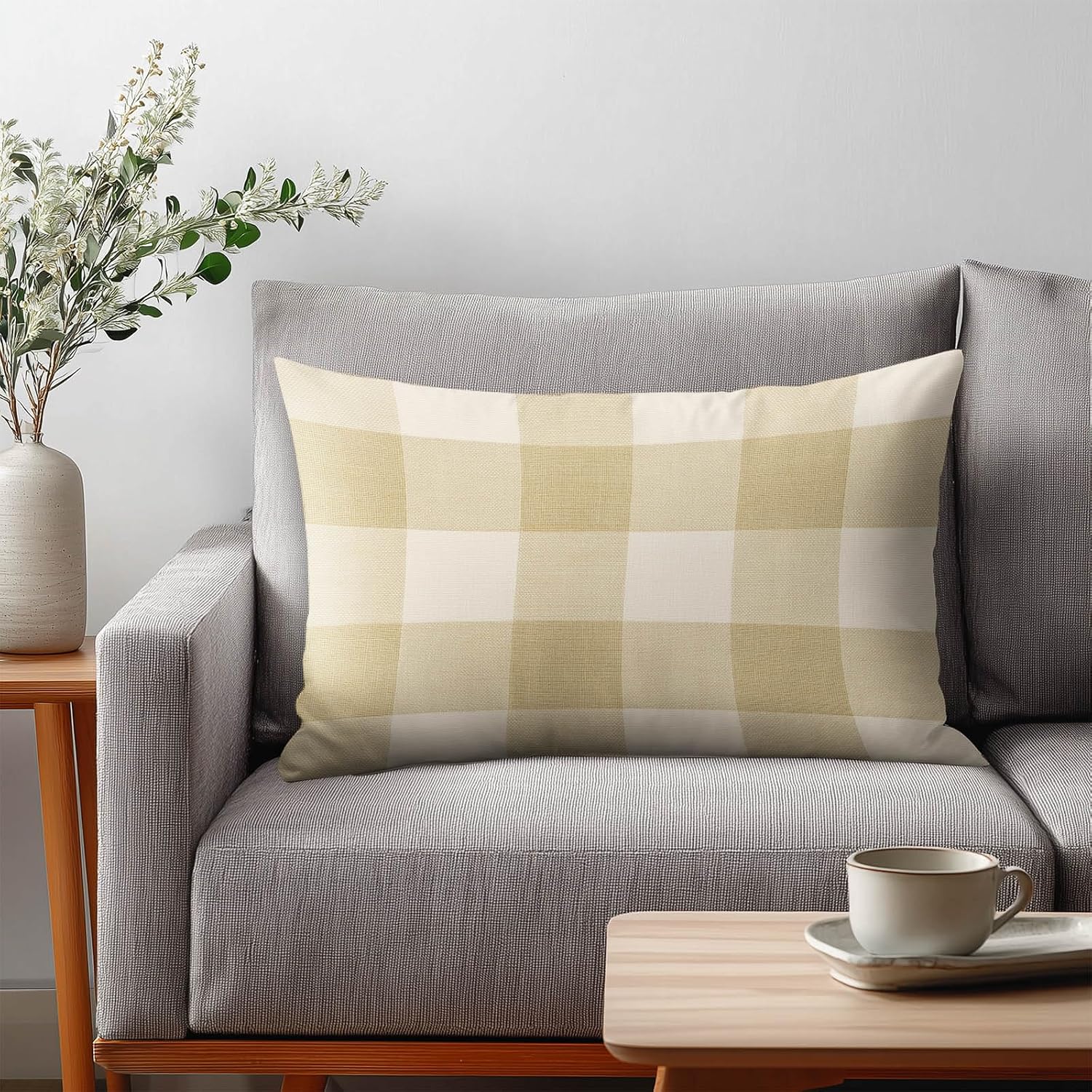 HOMETITUTE Plaid Pillow Covers Decorative Pack of 2 Satin 12x20 Inch Neutral Beige Buffalo Plaid Art Lumbar Throw Pillow Cases for Sofa…