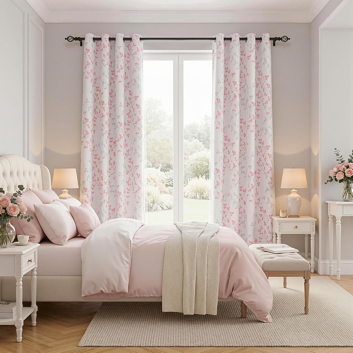 Meetsky Pink Curtains for Girls Bedroom 95% Blackout Nursery Curtains 84 Inches Long- Leaf Patterned Curtain for Kids Nursery Thermal Insul…